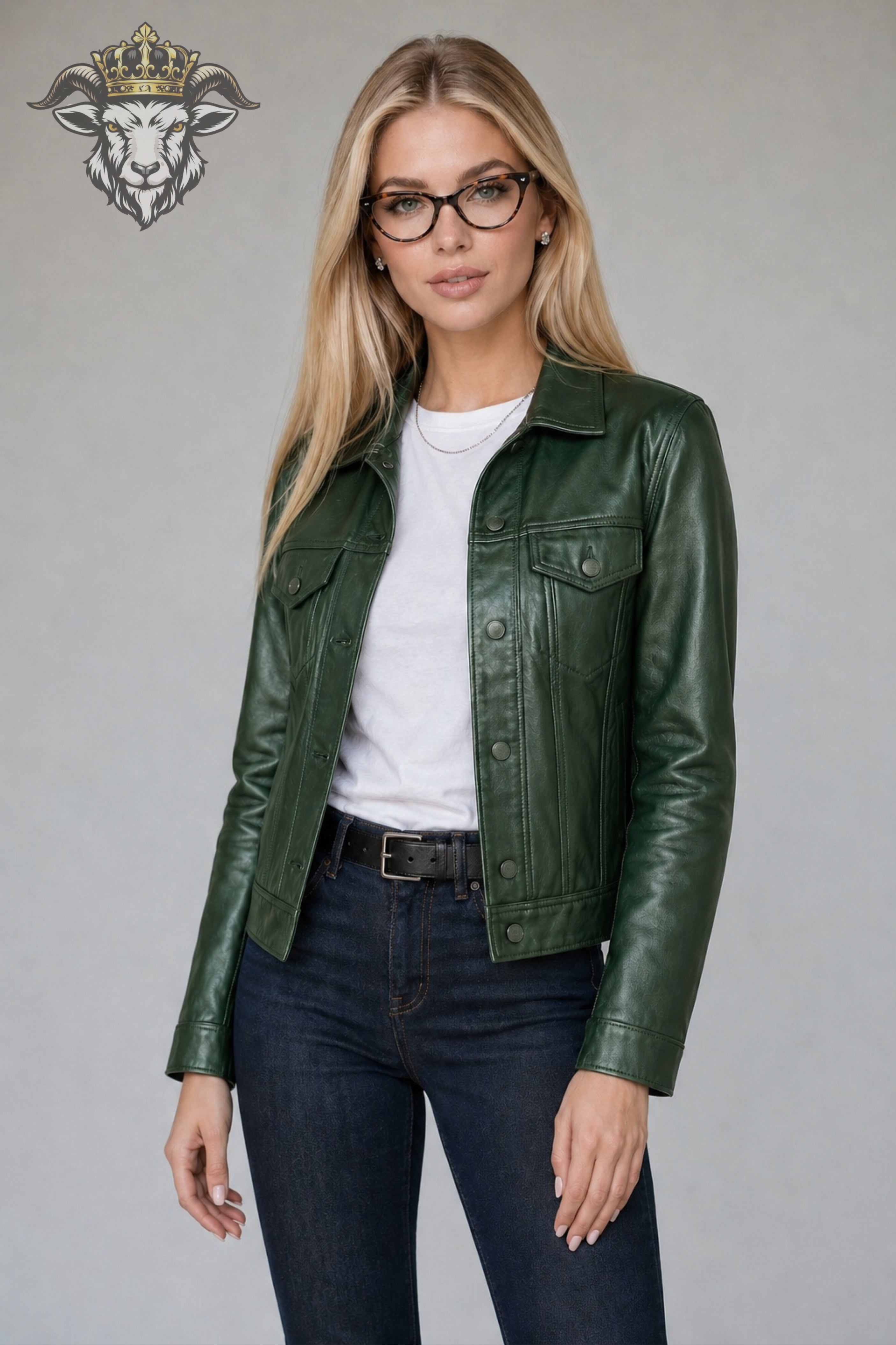 Women’s Green Real Leather Trucker Jacket
