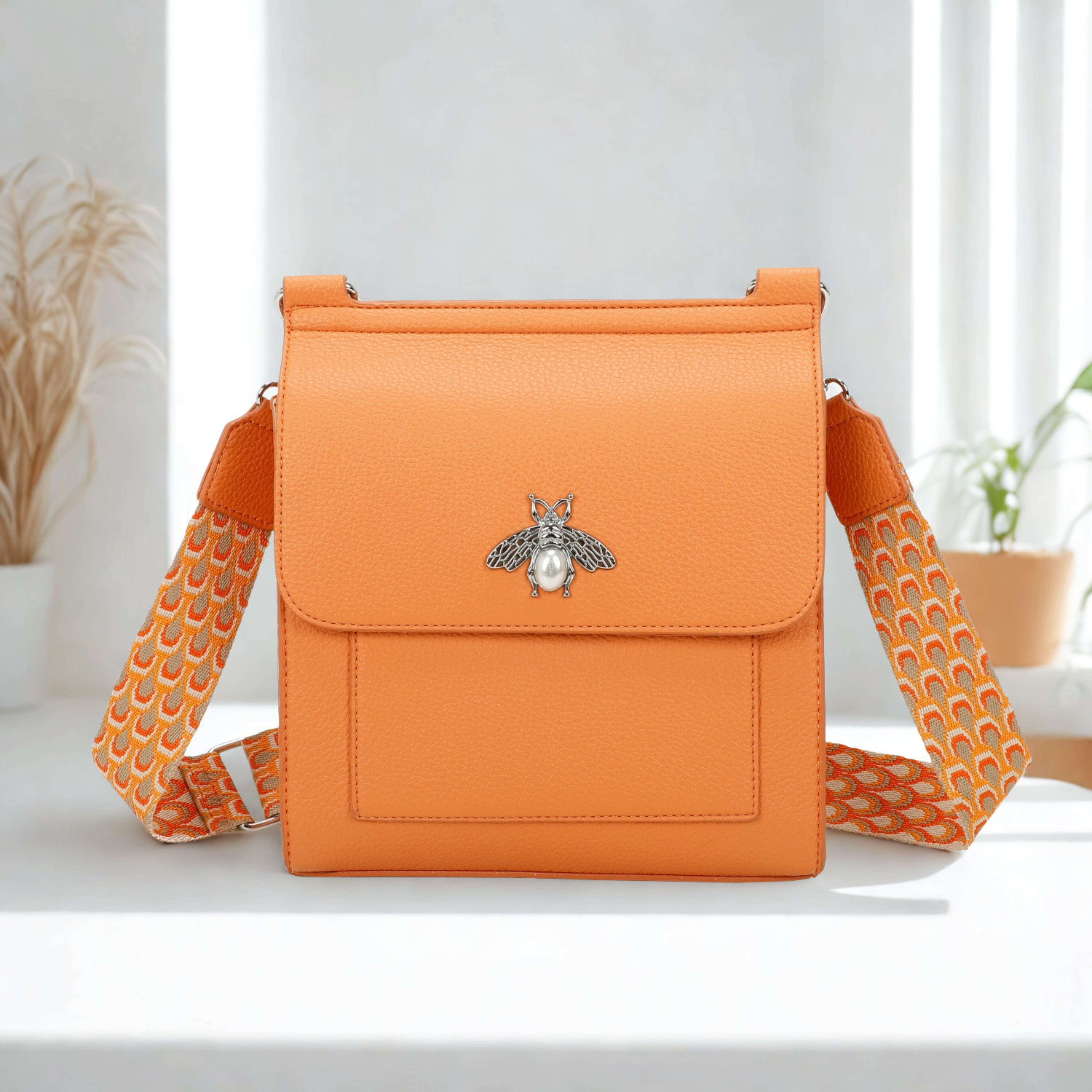 Women’s Bee Crossbody Bag with Pearl Detail, Flap Magdot Closure & Detachable Strap