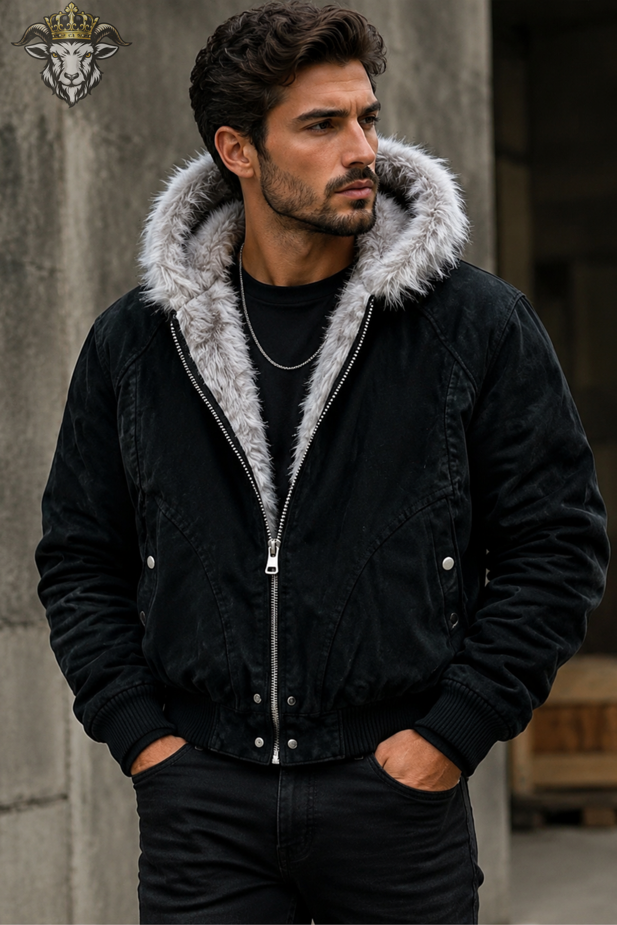 **Men's Black Faux Fur Hooded Bomber Jacket, Leather-Style Winter Jacket, Warm Fur Lined Coat, Urban Streetwear Jacket**