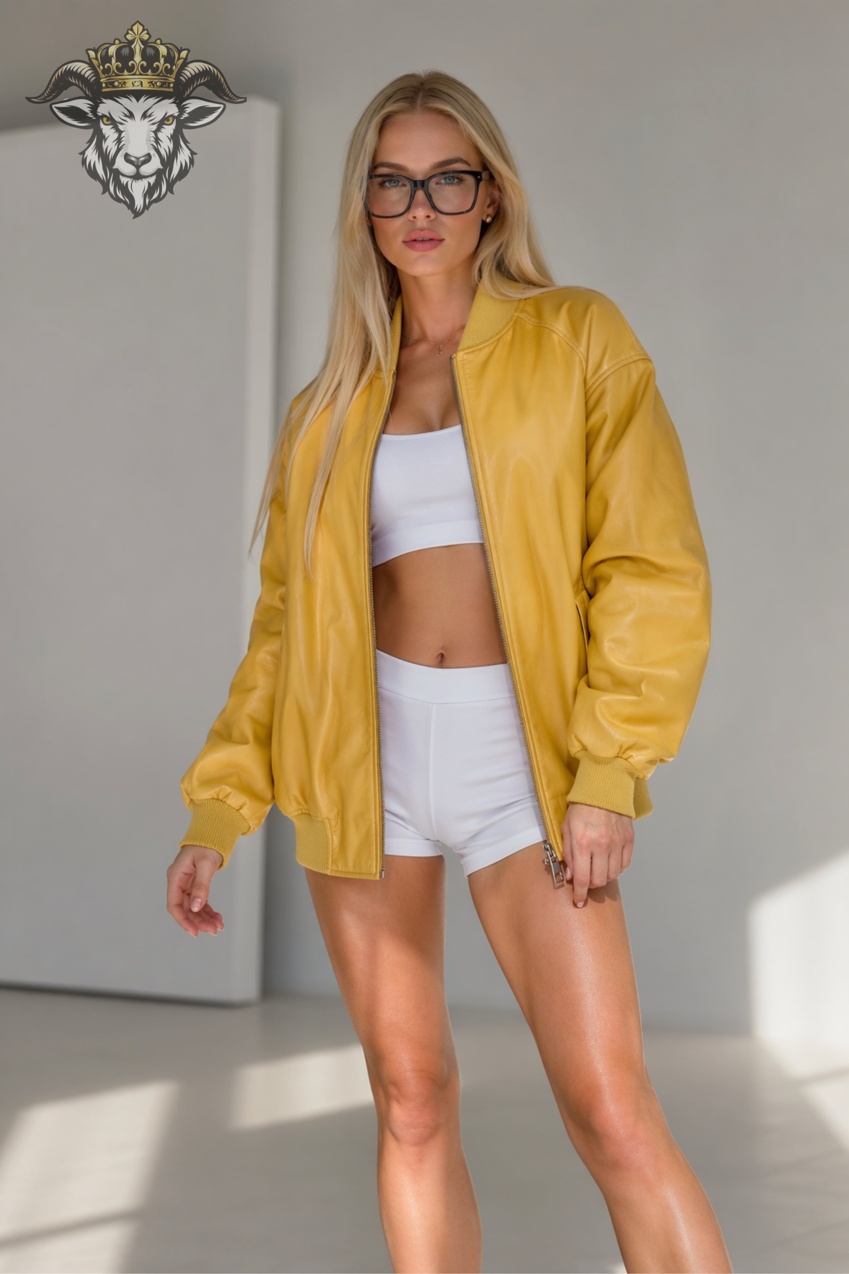 Women’s Yellow Oversize Real Leather Bomber Jacket