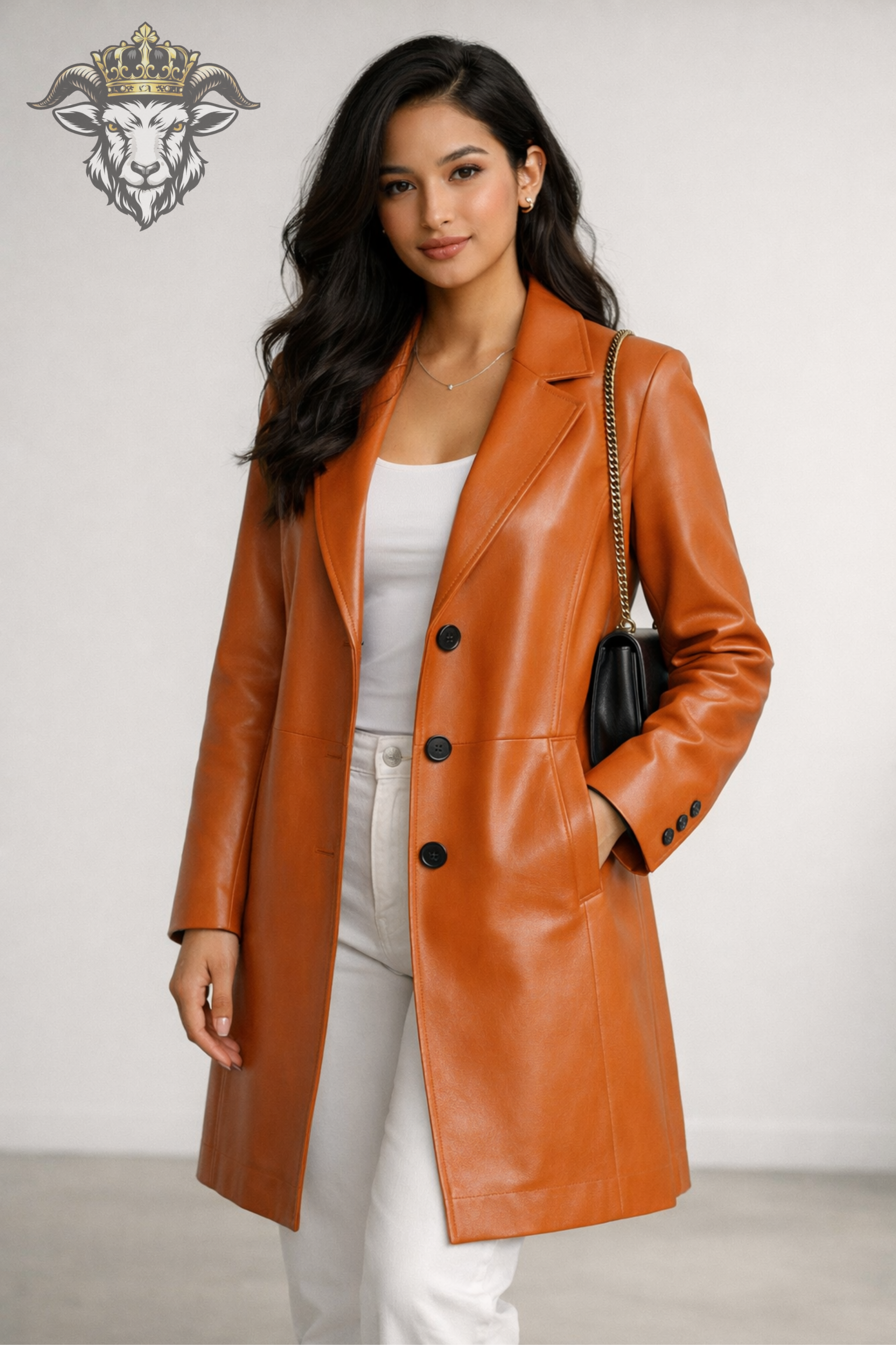 Women’s Orange Real Leather Mid-Length Coat