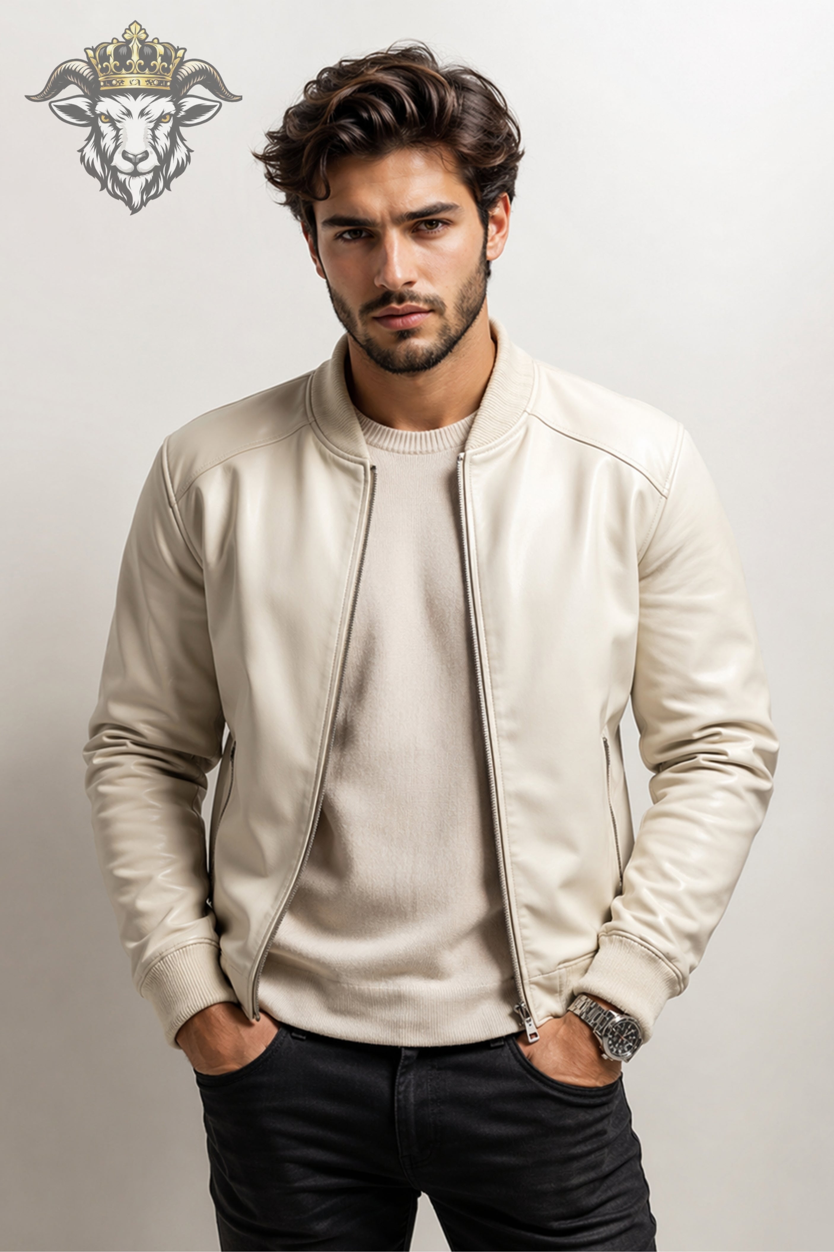 Men’s Cream Real Leather Bomber Jacket