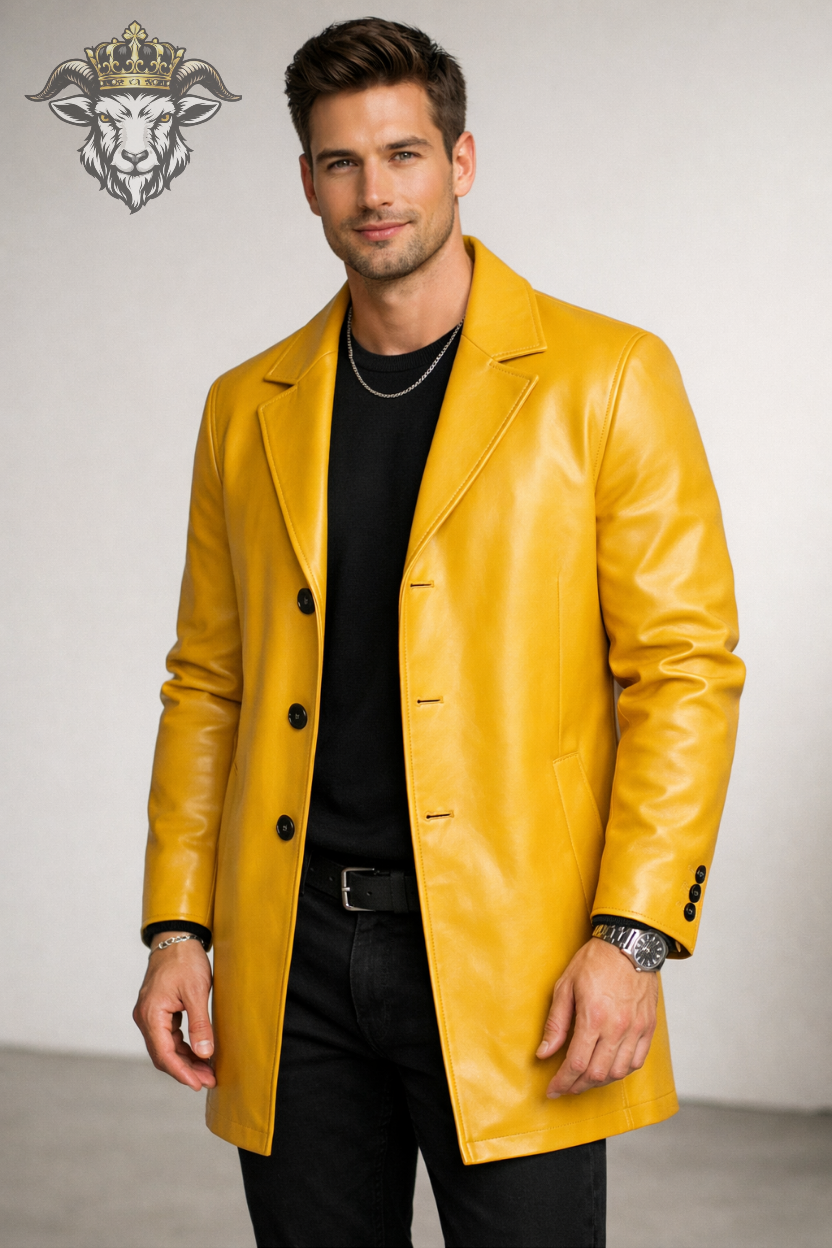 Men’s Yellow Real Leather Coat – Mid Thigh Premium Tailored Leather Jacket with Wide Lapels & Modern Fit