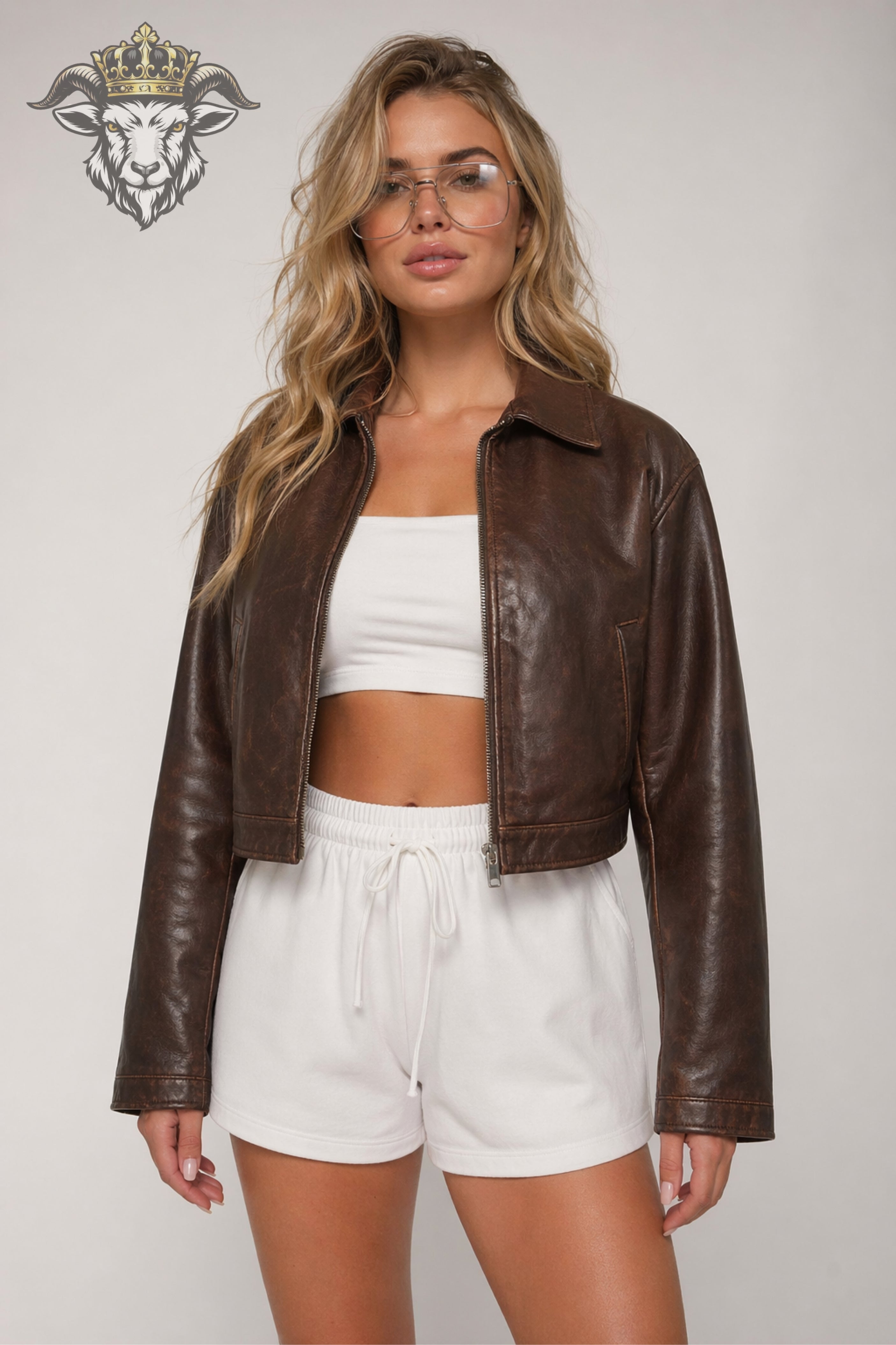 Women’s Distress Brown Real Leather Cropped Jacket