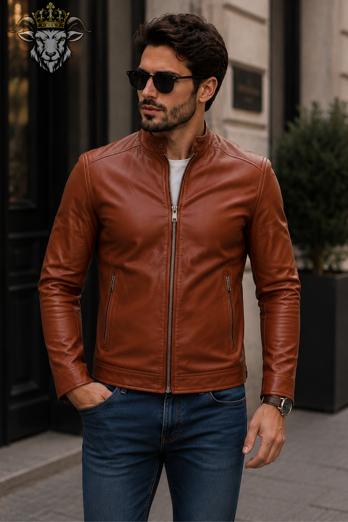 Men's Cognac Brown Leather Jacket – Slim Fit Biker Jacket, Stand Collar Moto Jacket, Casual Men's Leather Coat