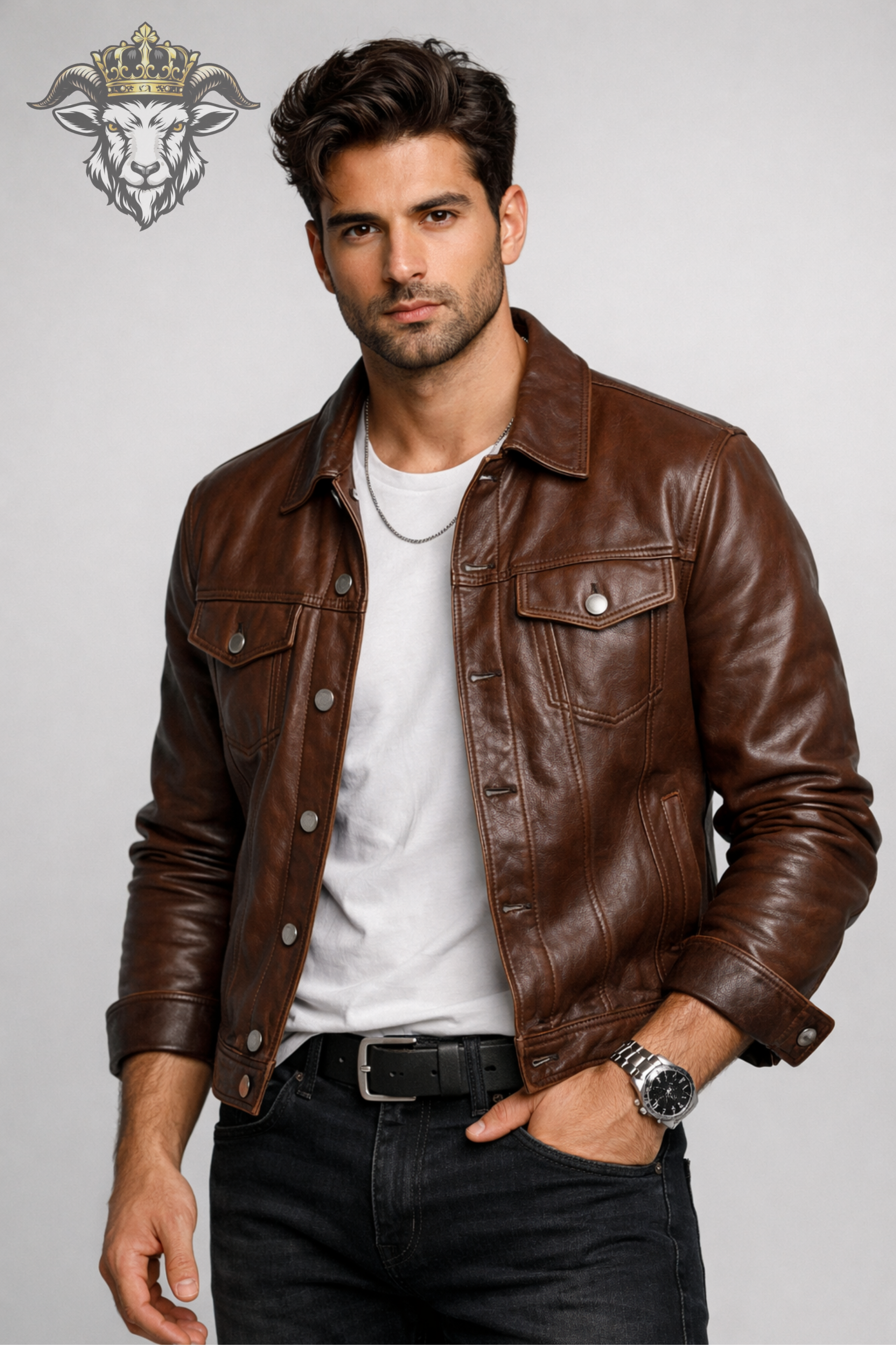 Men’s Brown Real Leather Trucker Jacket