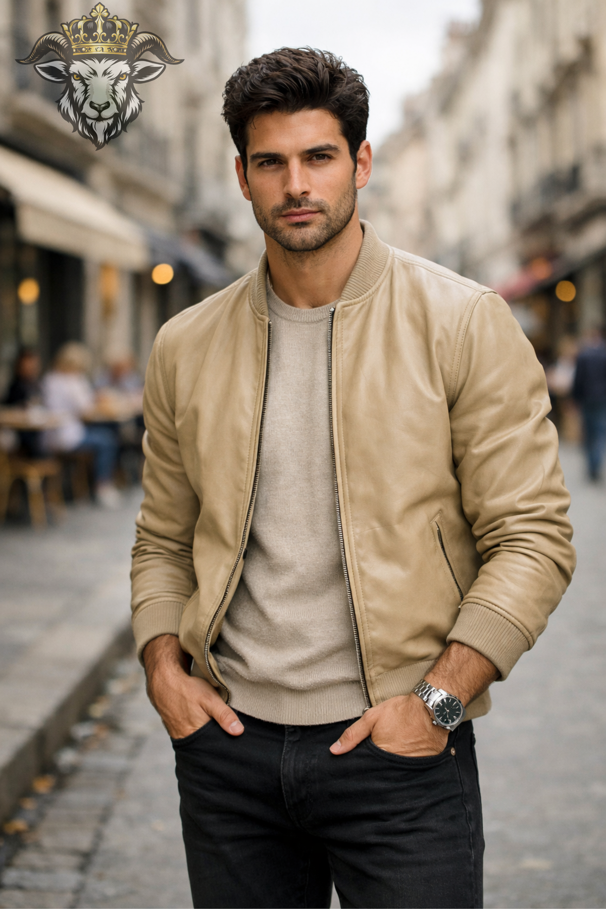 Beige Leather Bomber Jacket for Men, Slim Fit Neutral Jacket, Ribbed Collar Zip Up Outerwear, Minimalist Casual Streetwear