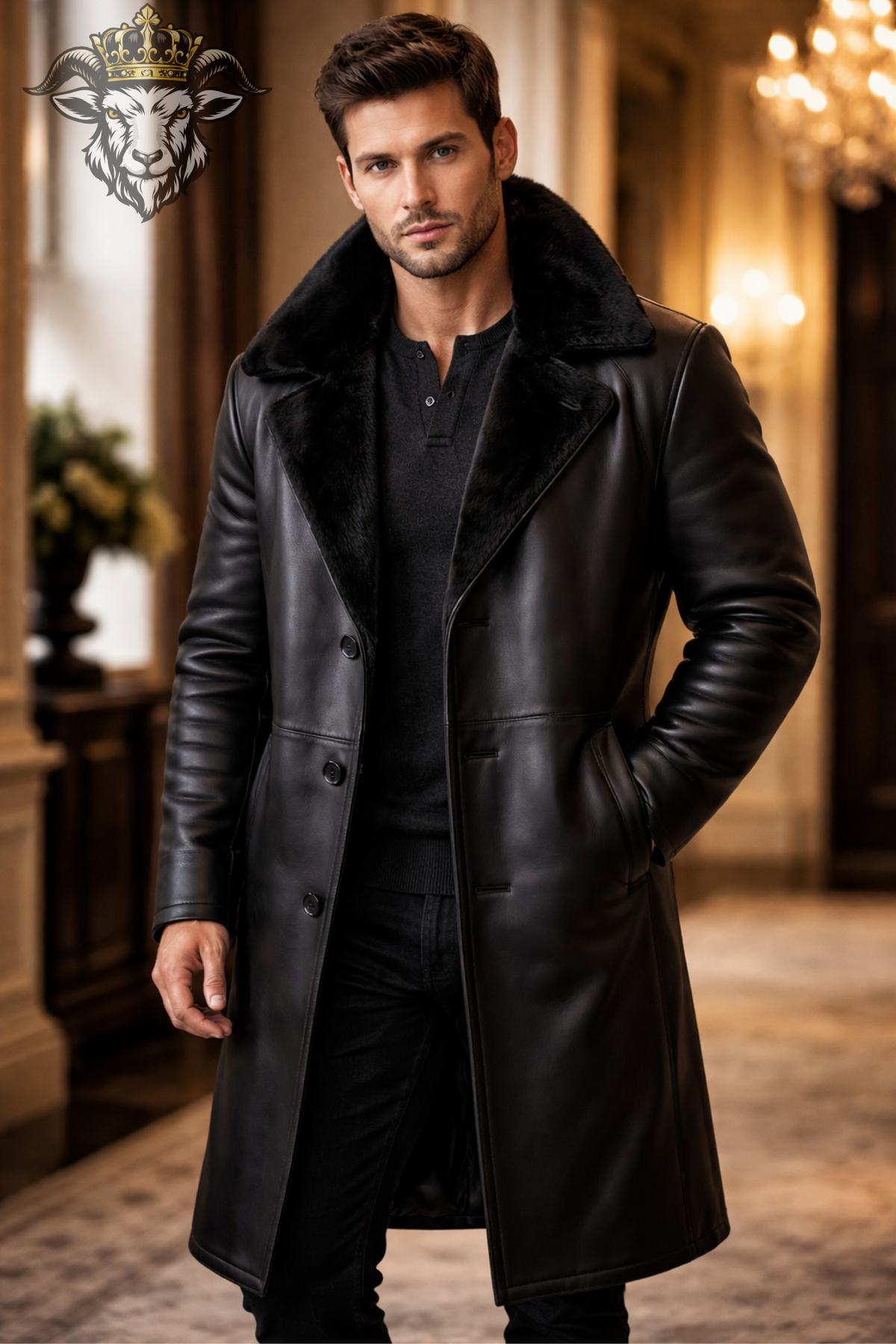 Men Black Real Leather Long Coat Fur Lined Trench Coat Winter Overcoat Button Closure Luxury Mens Leather Jacket