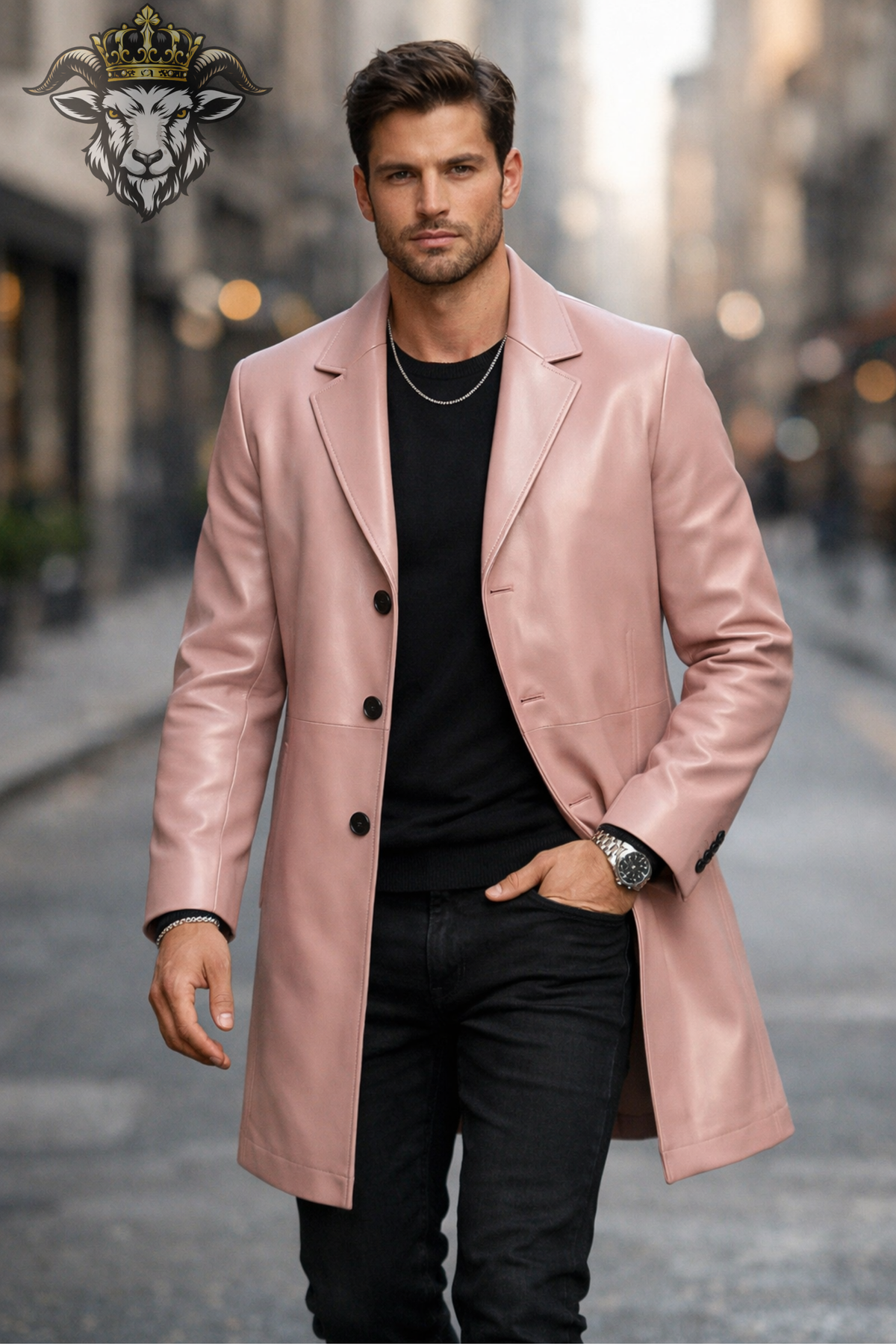 Men's Pink Leather Overcoat, Tailored Long Coat, 3 Button Lapel Jacket, Modern Slim Fit Statement Outerwear