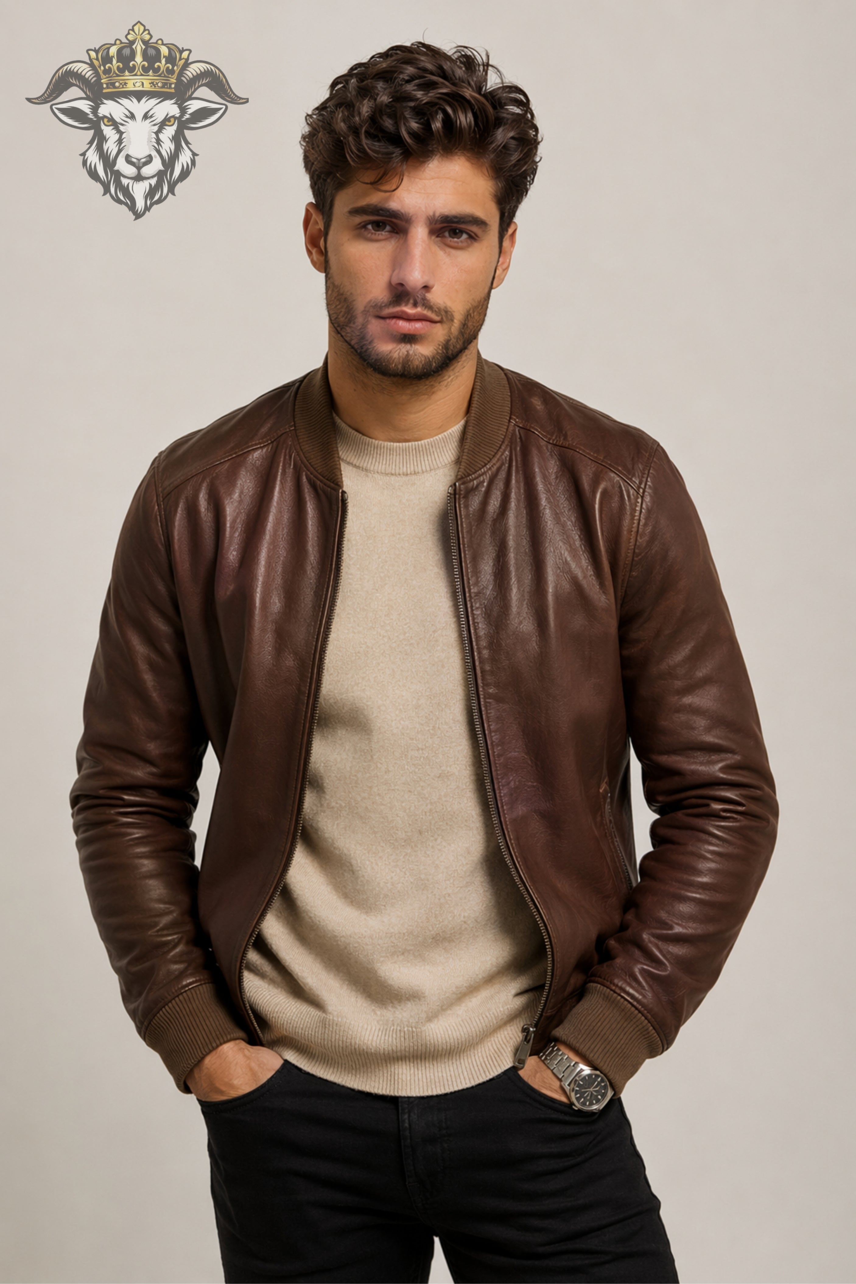 Men’s Brown Real Leather Bomber Jacket