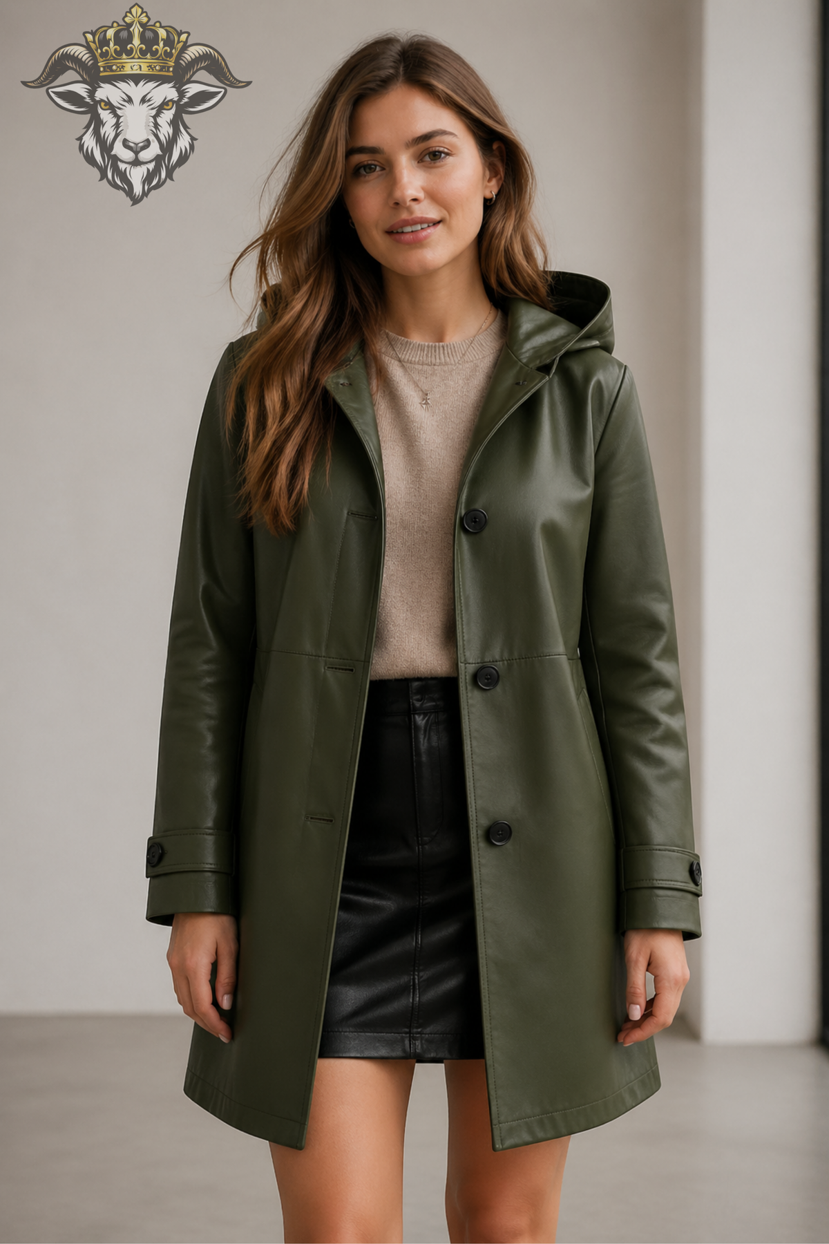 Olive Green Leather Hooded Coat for Women, Tailored Mid-Thigh Jacket, Button Front Winter Outerwear, Elegant Minimalist Leather Coat