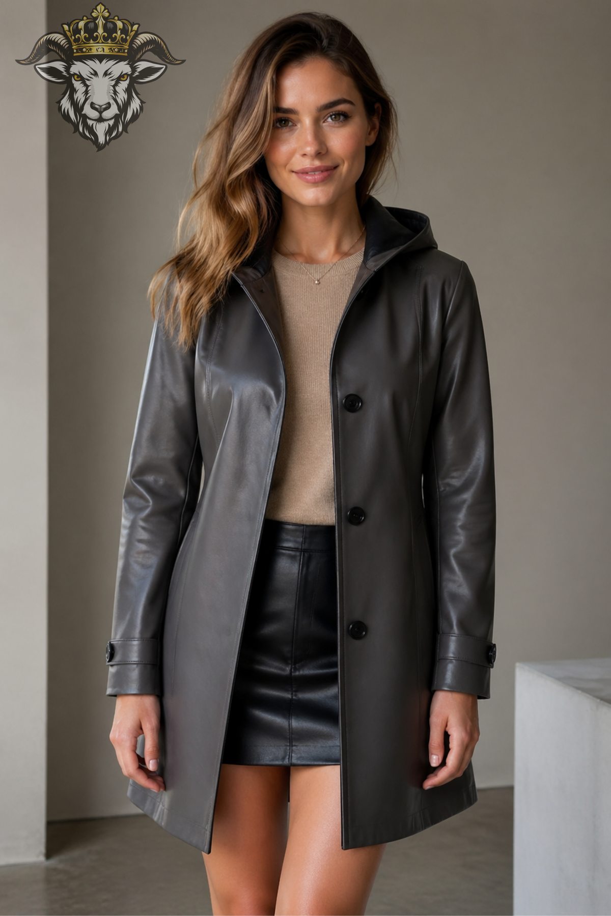 Women's Dark Gray Hooded Leather Coat, Tailored Mid Length Jacket, 3 Button Minimalist Outerwear, Satin Lined Winter Coat