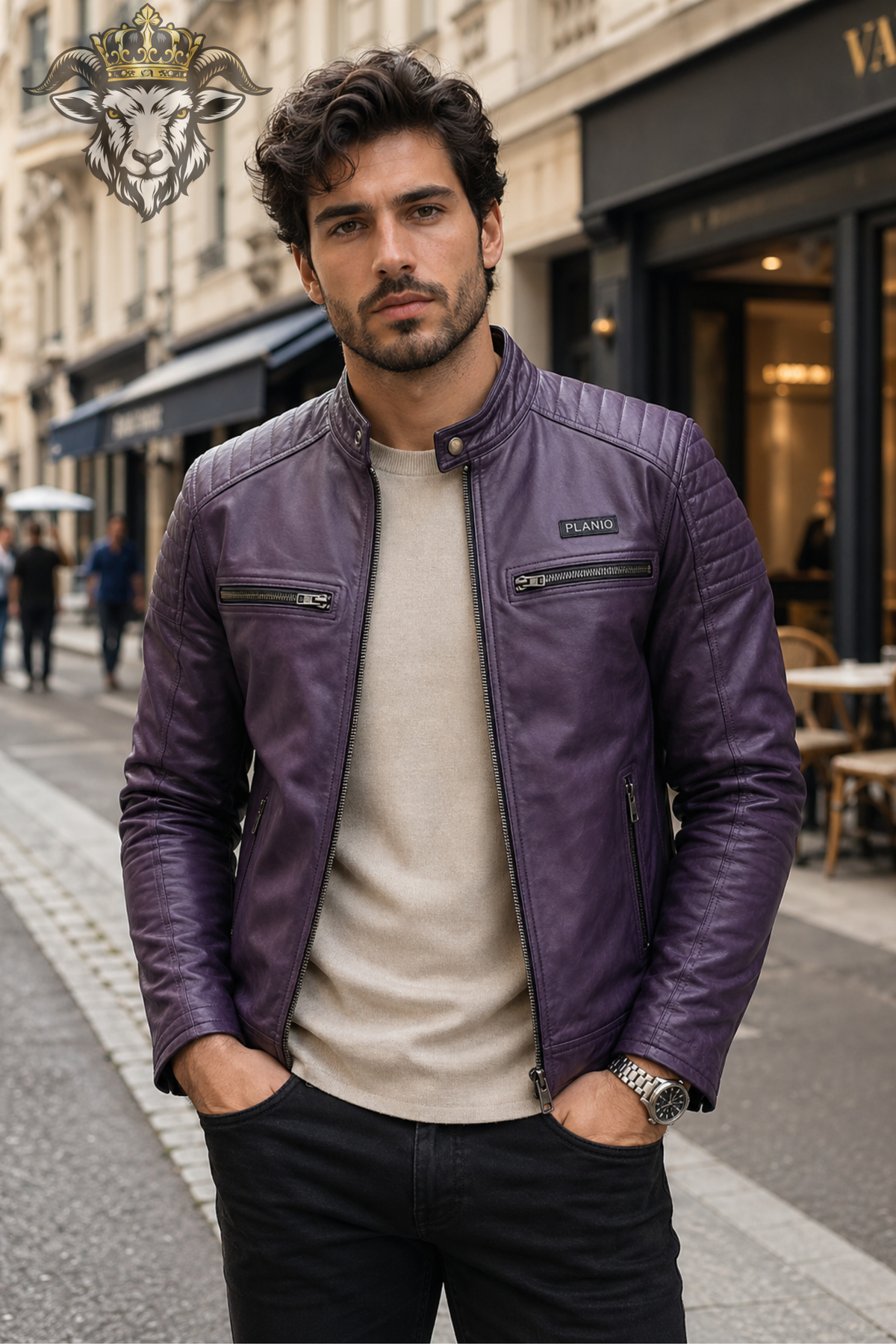 Men's Purple Real Leather Biker Jacket, Slim Fit Cafe Racer Motorcycle Jacket, PLANIO Quilted Moto Jacket, Stylish Purple Leather Outerwear