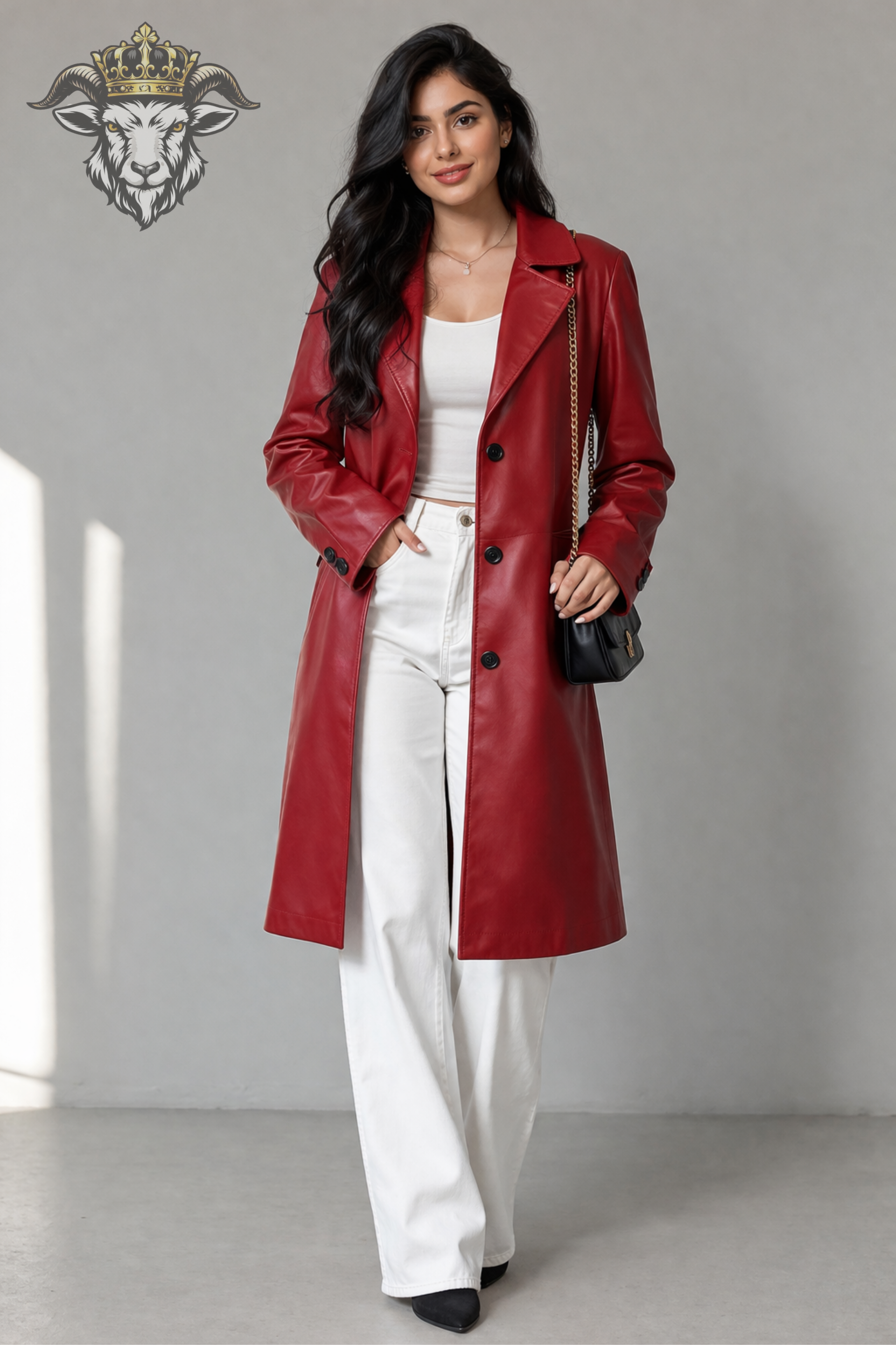 Women’s Red Real Leather Knee-Length Coat