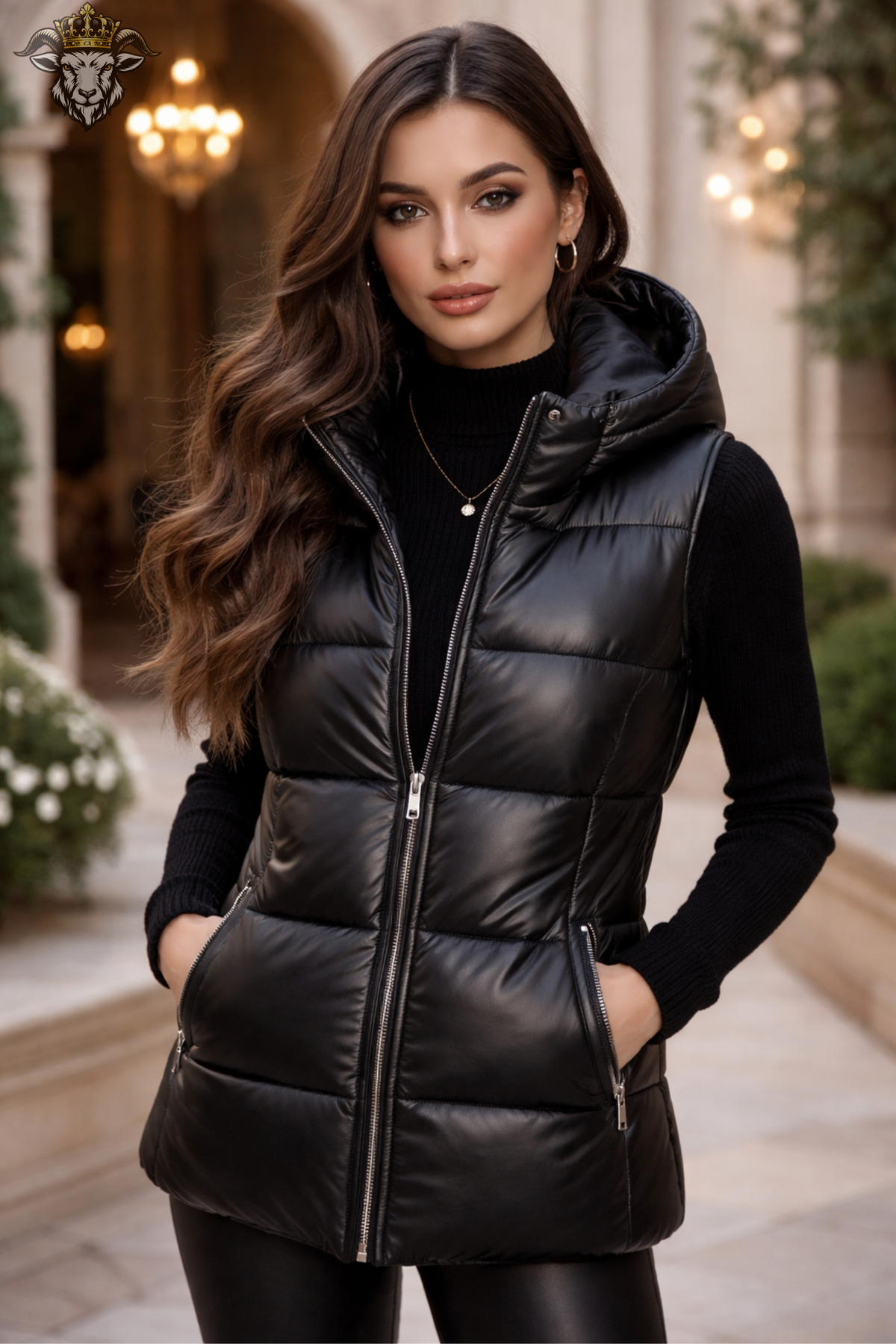 Women’s Black Leather-Look Hooded Puffer Vest, Quilted Sleeveless Winter Jacket, Longline Insulated Gilet, Stylish Casual Outerwear