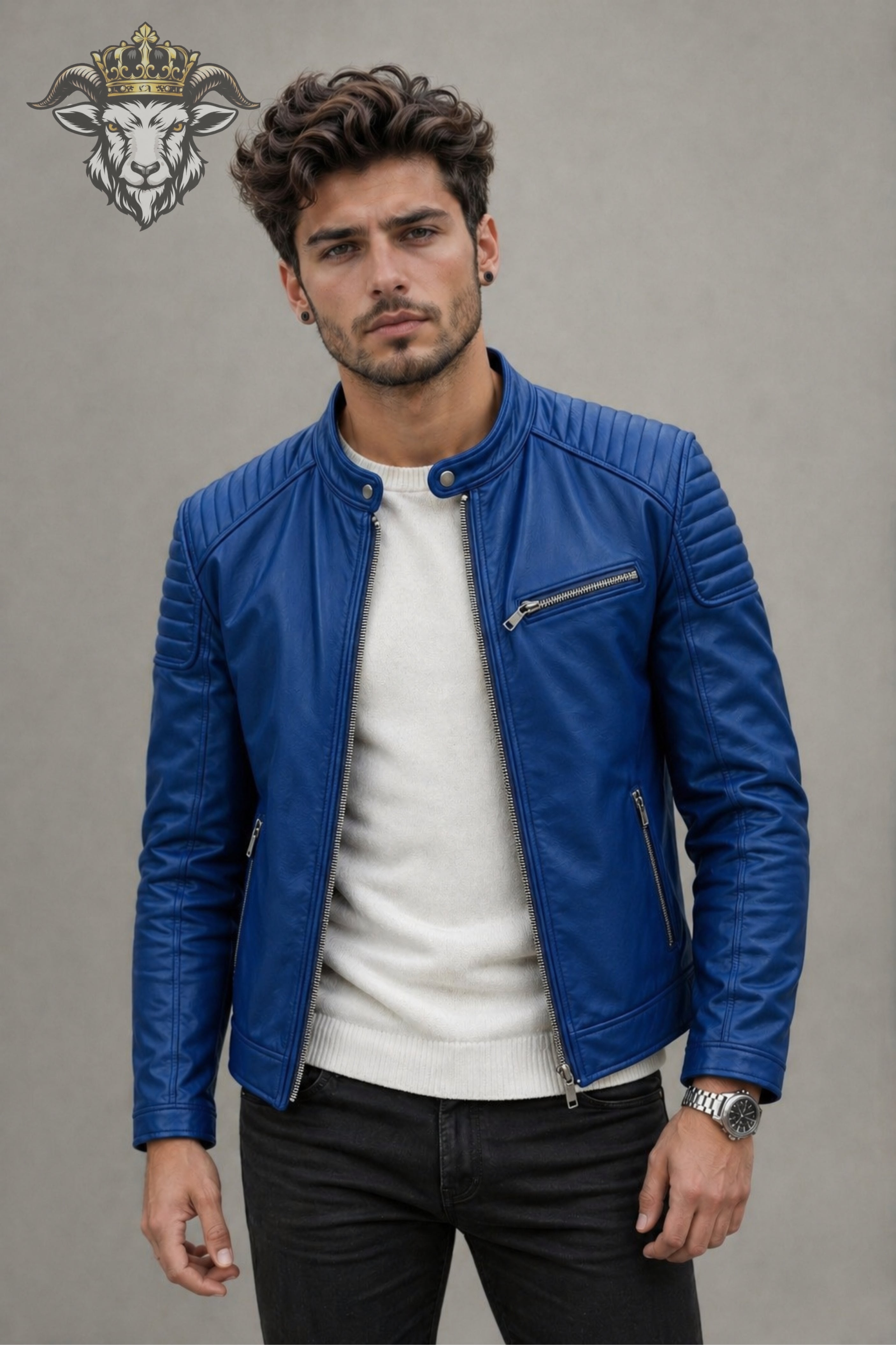 Men’s Royal Blue Real Leather Roadster Jacket