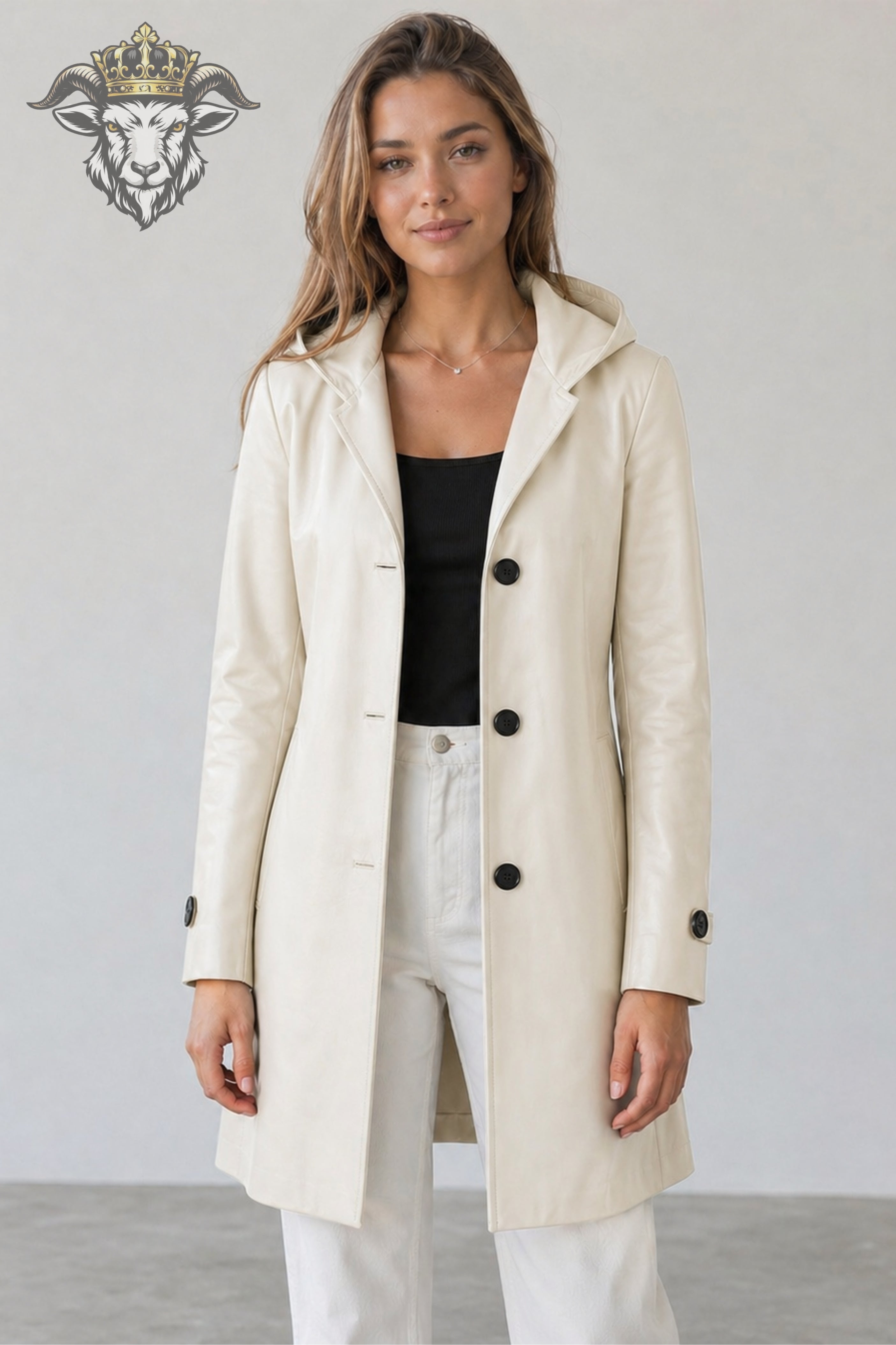 Women’s Cream Real Leather Hooded Coat