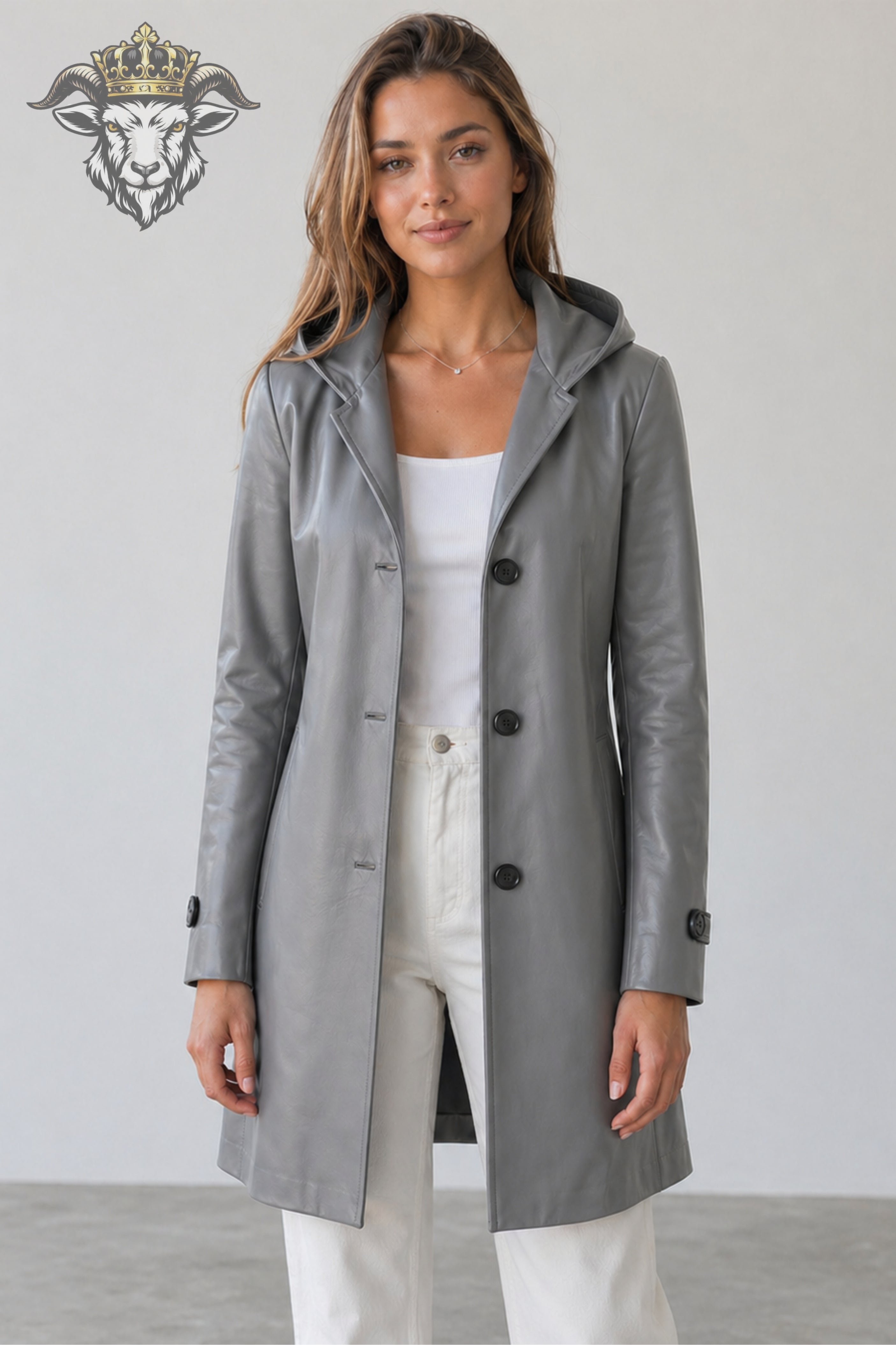 Women’s Grey Real Leather Hooded Coat