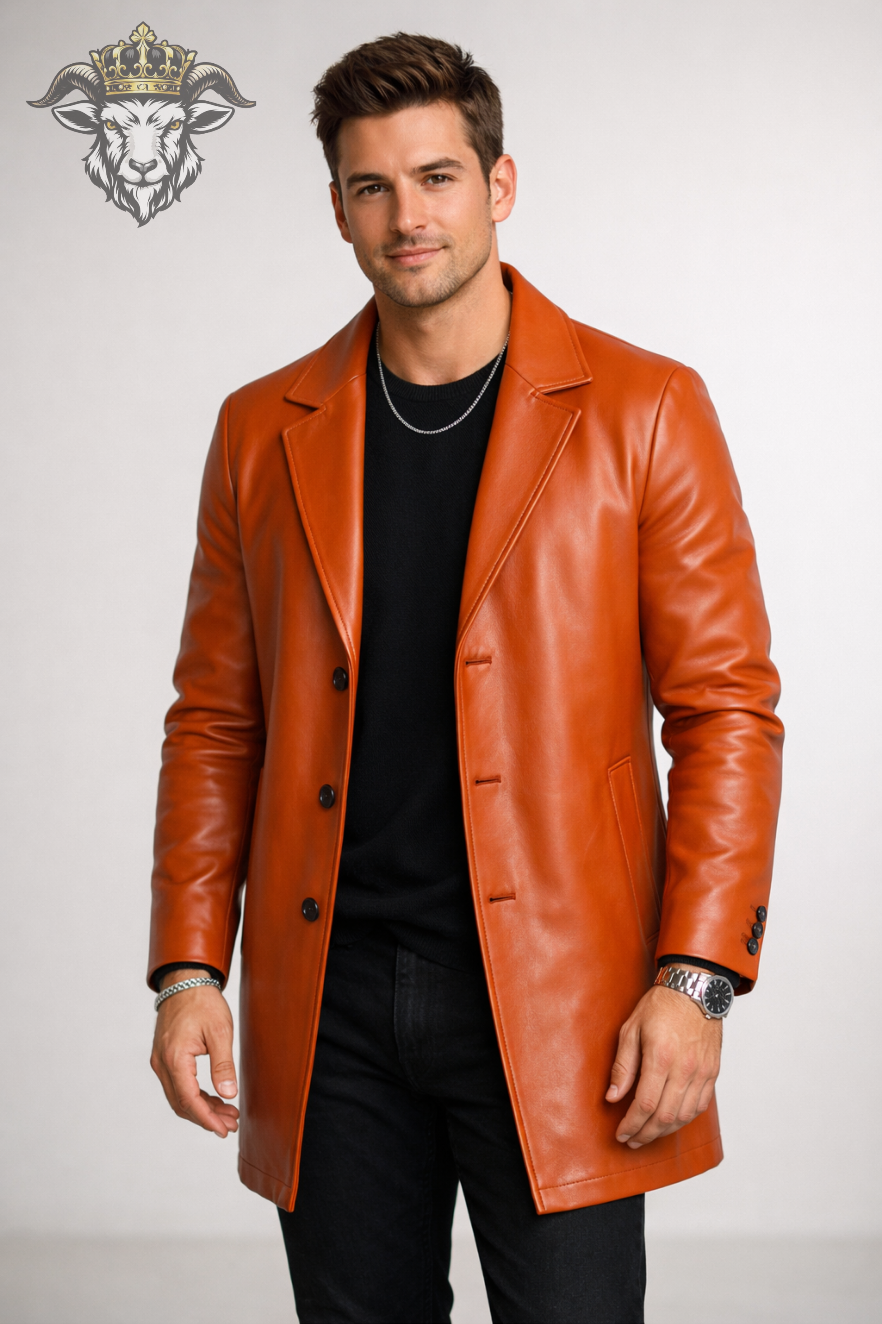 Men’s Orange Real Leather Coat – Mid-Thigh Premium Tailored Overcoat with Matte Finish | Modern Slim Fit Designer Jacket