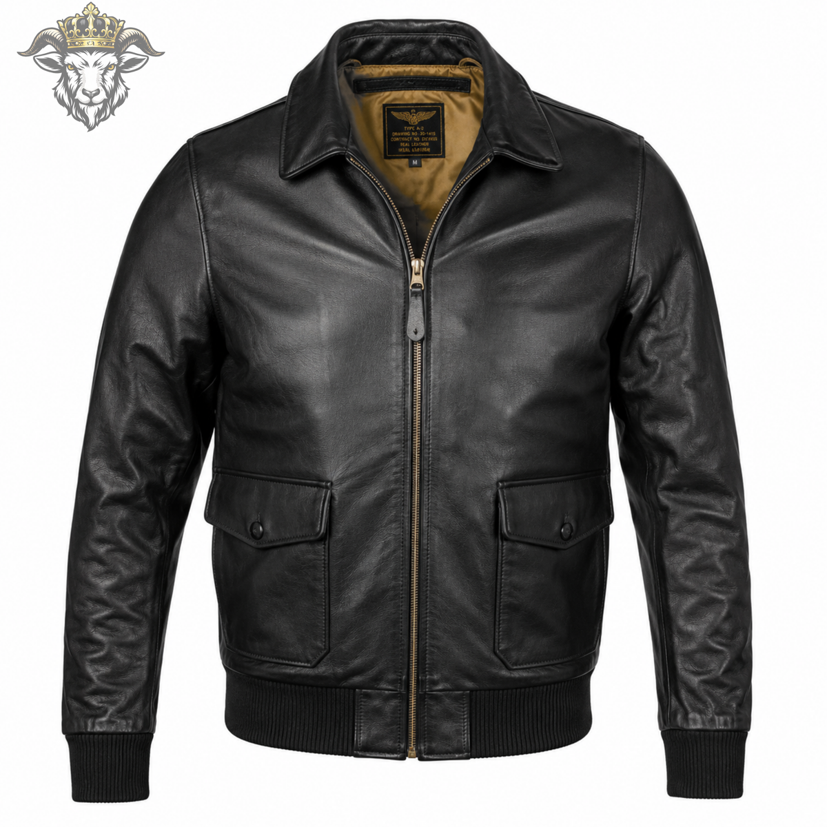 Men’s Black Genuine Leather Aviator Bomber Jacket, Classic Zip Front Leather Jacket, Ribbed Cuff Motorcycle Coat, Premium Mens Outerwear