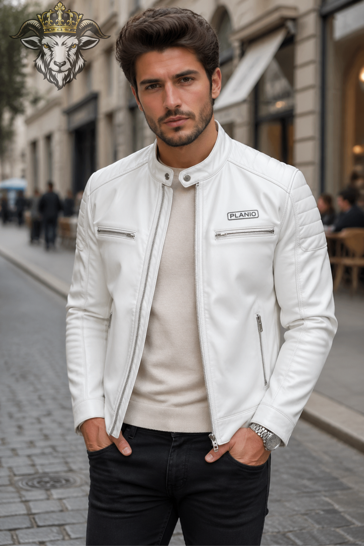 Men's White Faux Leather Biker Jacket, PLANIO Slim Fit Motorcycle Jacket, Quilted Shoulder Moto Jacket, Zipper Pocket Streetwear