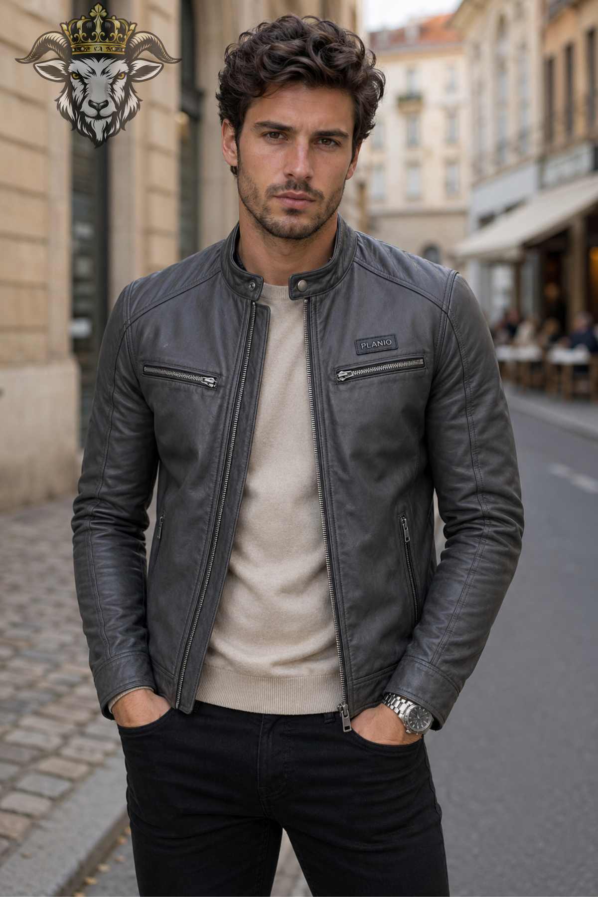 Men's Dark Gray Real Leather Biker Jacket, Slim Fit Cafe Racer Motorcycle Jacket, Vintage Moto Jacket, PLANIO Leather Outerwear