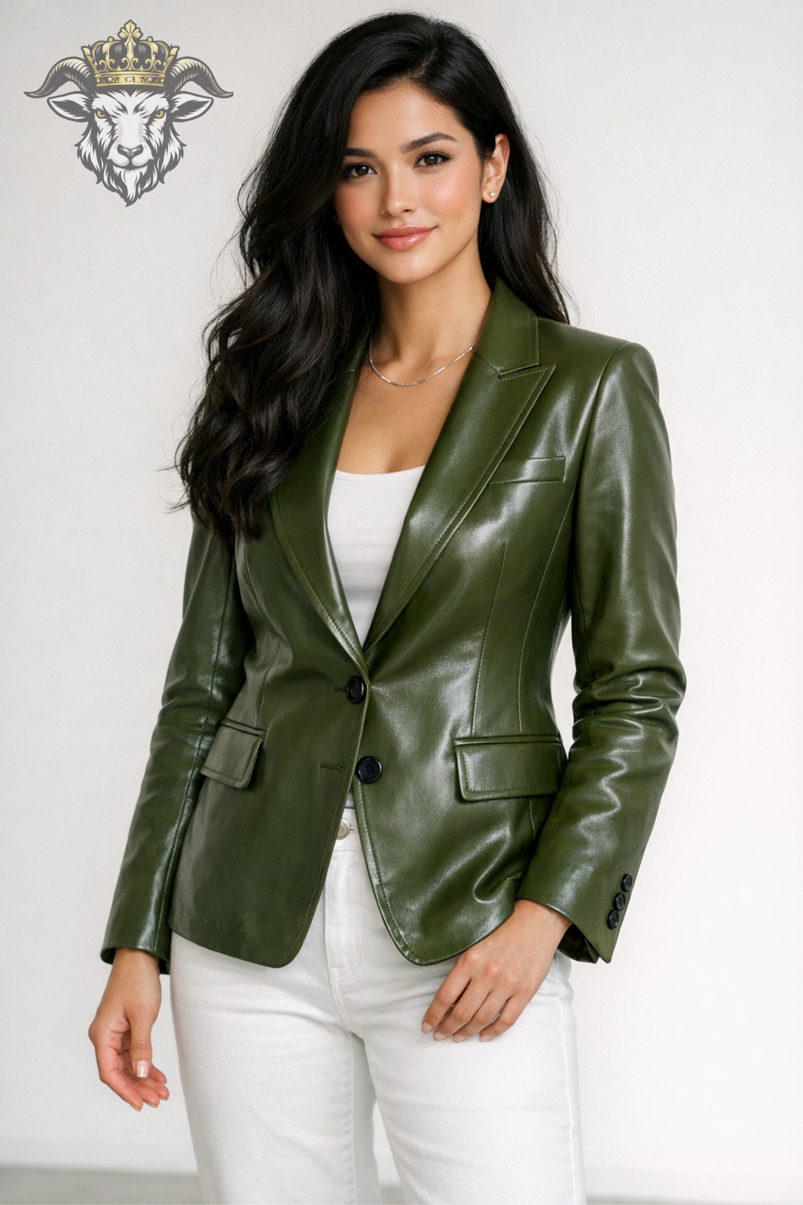 Women’s Olive Green Real Leather Blazer – Premium Tailored Fit Two Button Jacket