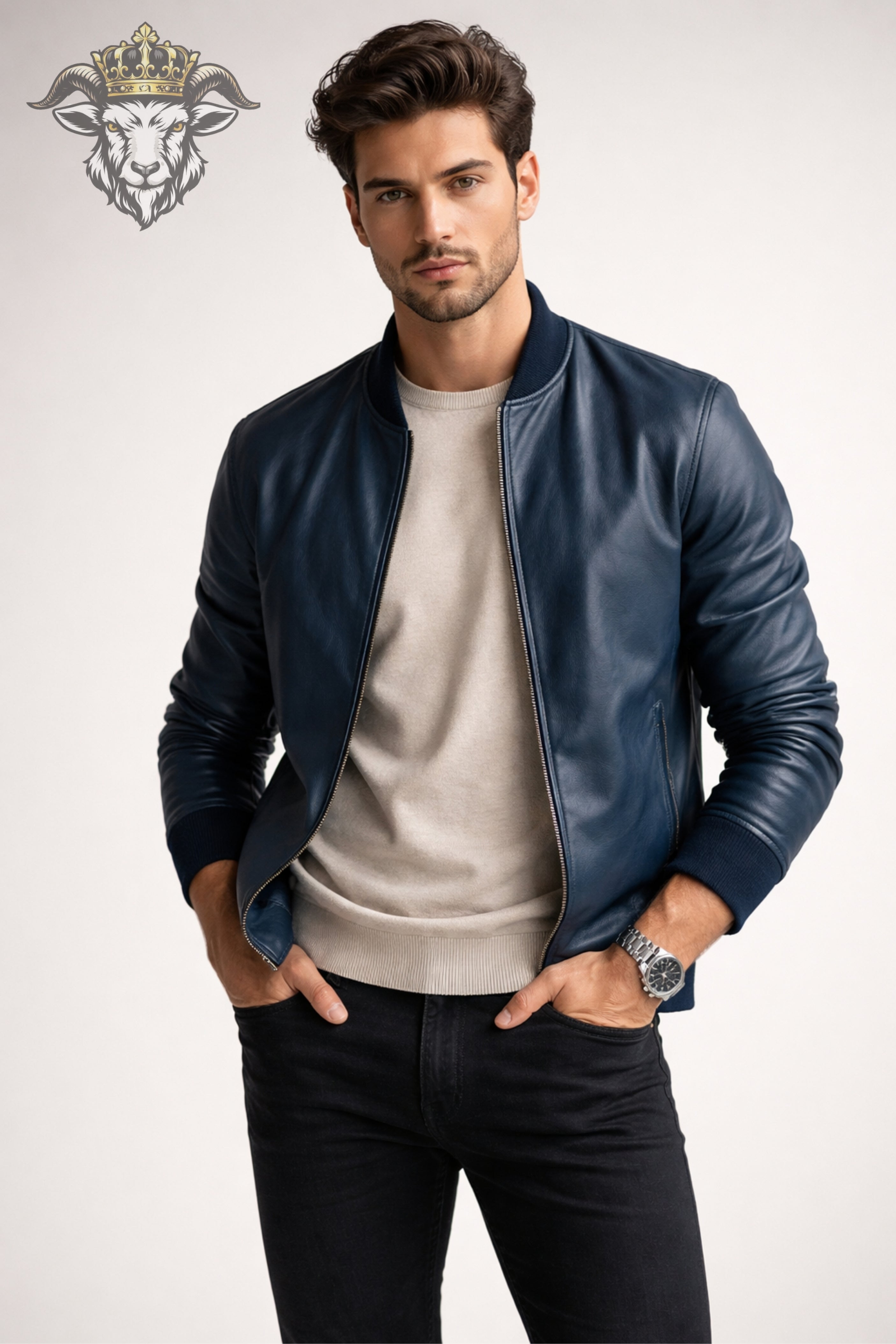 Men’s Blue Real Leather Bomber Jacket