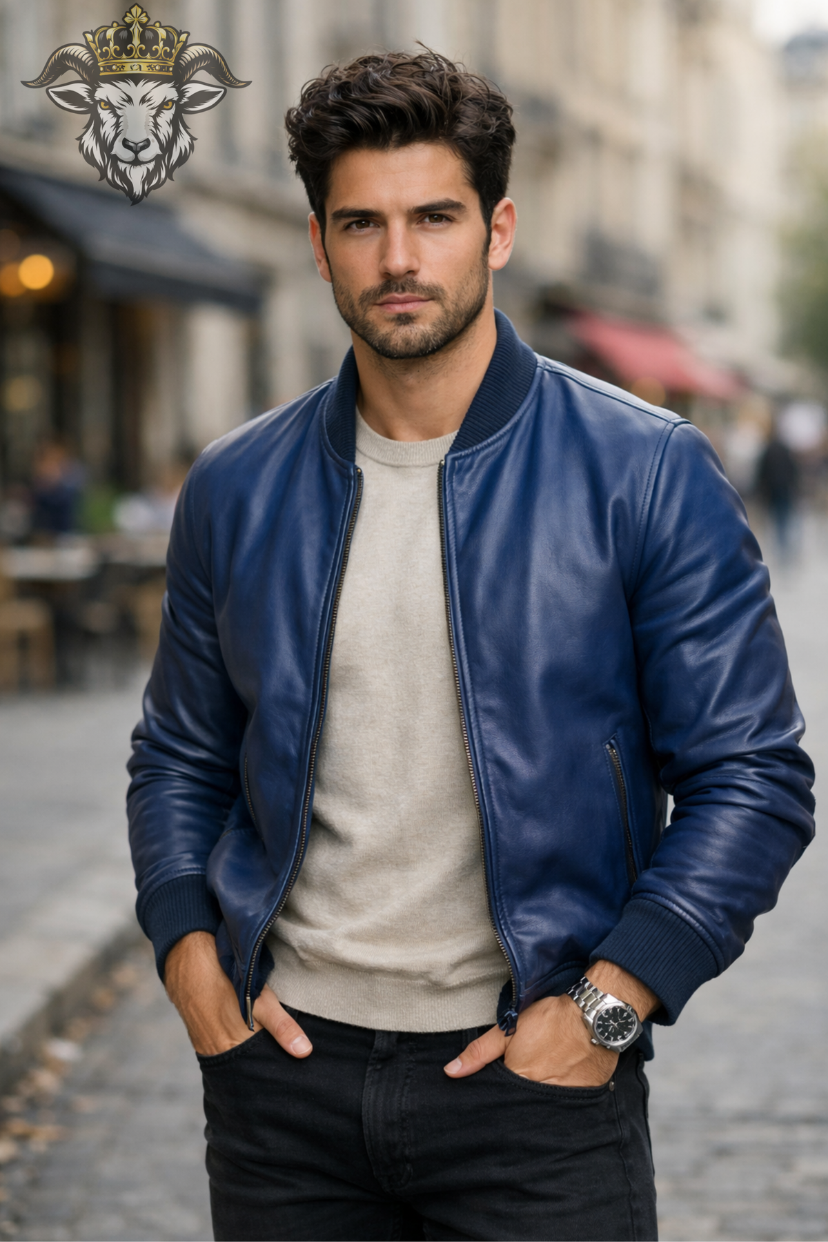 Men's Navy Blue Leather Bomber Jacket, Ribbed Collar Zip Up Jacket, Classic Flight Style Outerwear, Modern Casual Men's Fashion