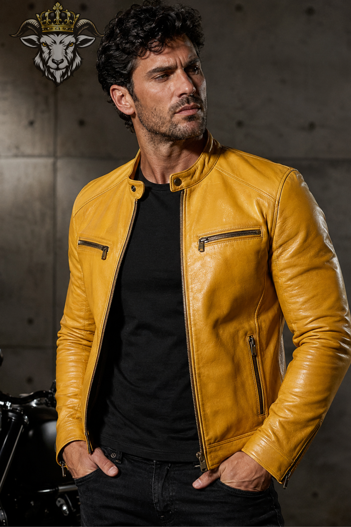 Men's Yellow Real Leather Biker Jacket – Slim Fit Motorcycle Jacket, Stand Collar Moto Jacket, Men's Yellow Leather Coat