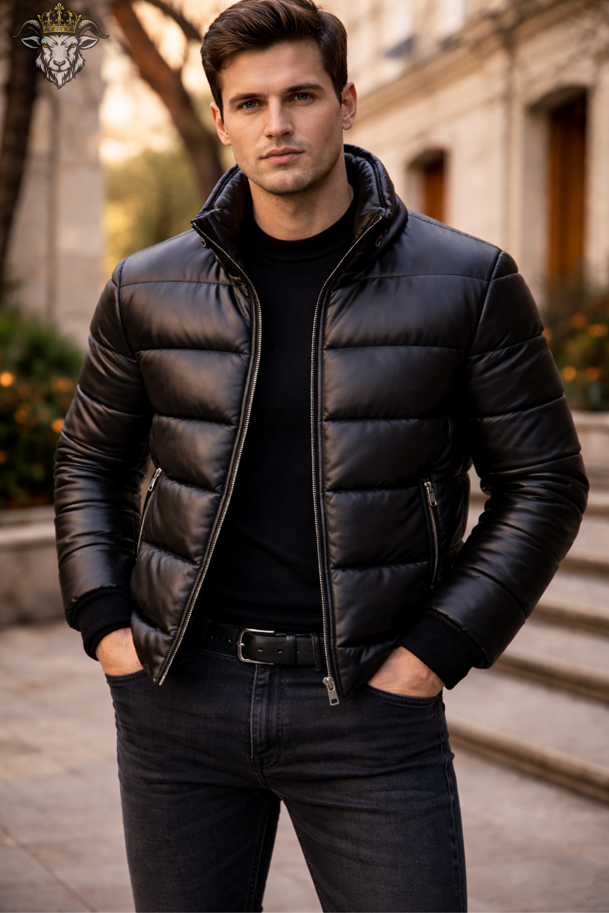Men’s Black Genuine Leather Puffer Jacket, Quilted Winter Bomber Coat, Real Leather Zip Up Jacket, Stylish Warm Streetwear Outerwear