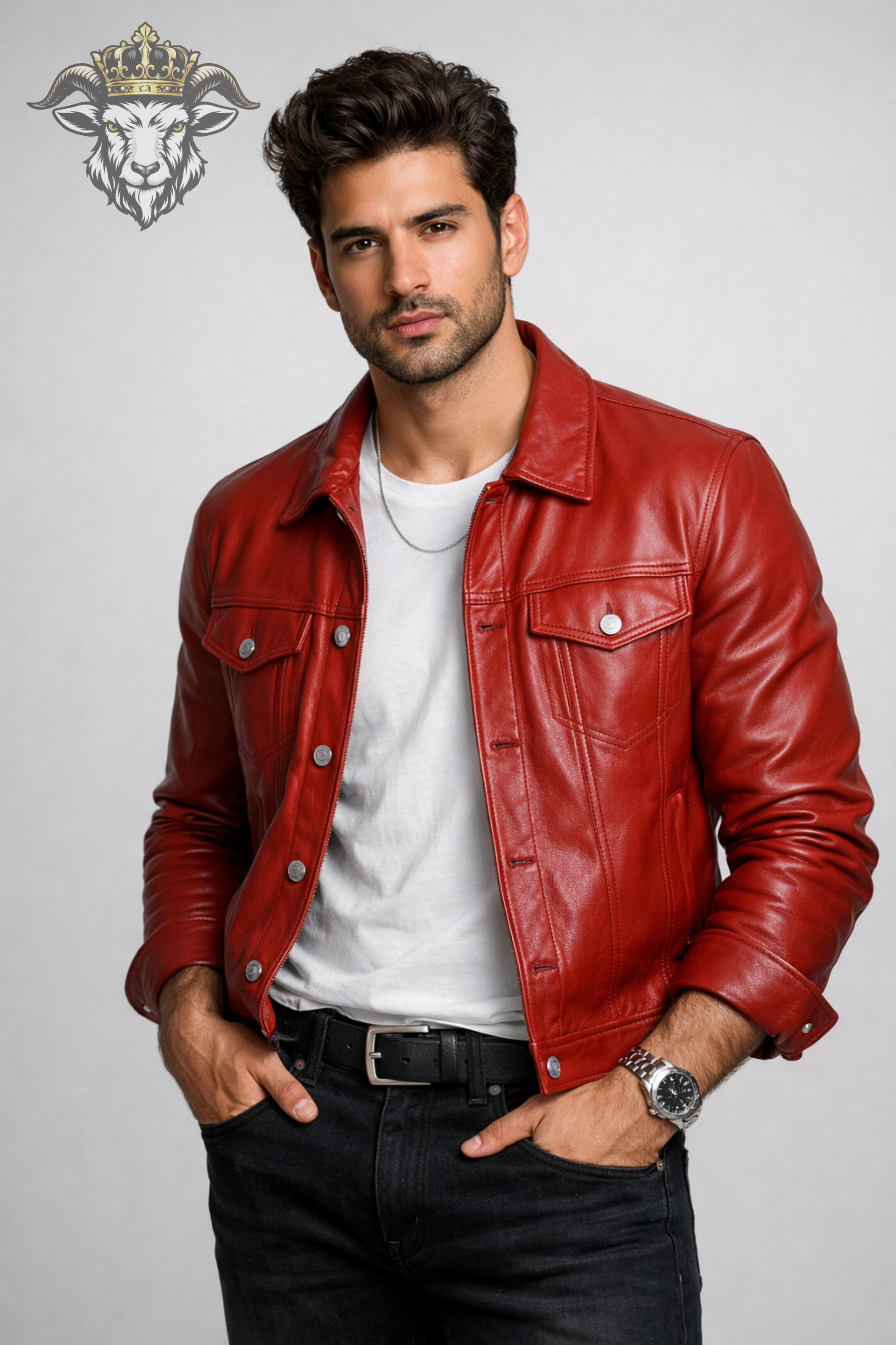 Men’s Red Real Leather Trucker Jacket