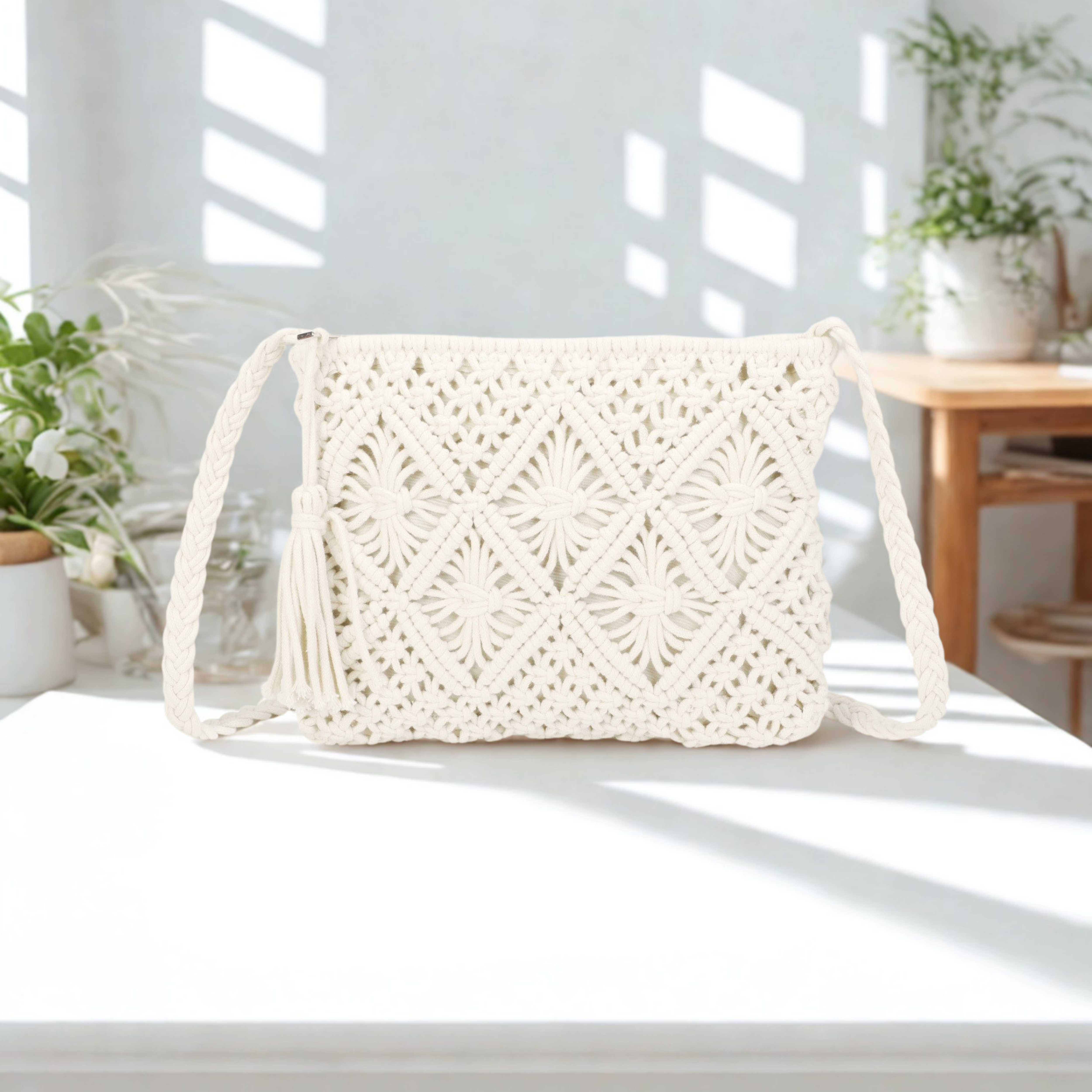 Women’s Knitted Crochet Crossbody Bag – Synthetic Top Zip Shoulder Bag with Long Strap