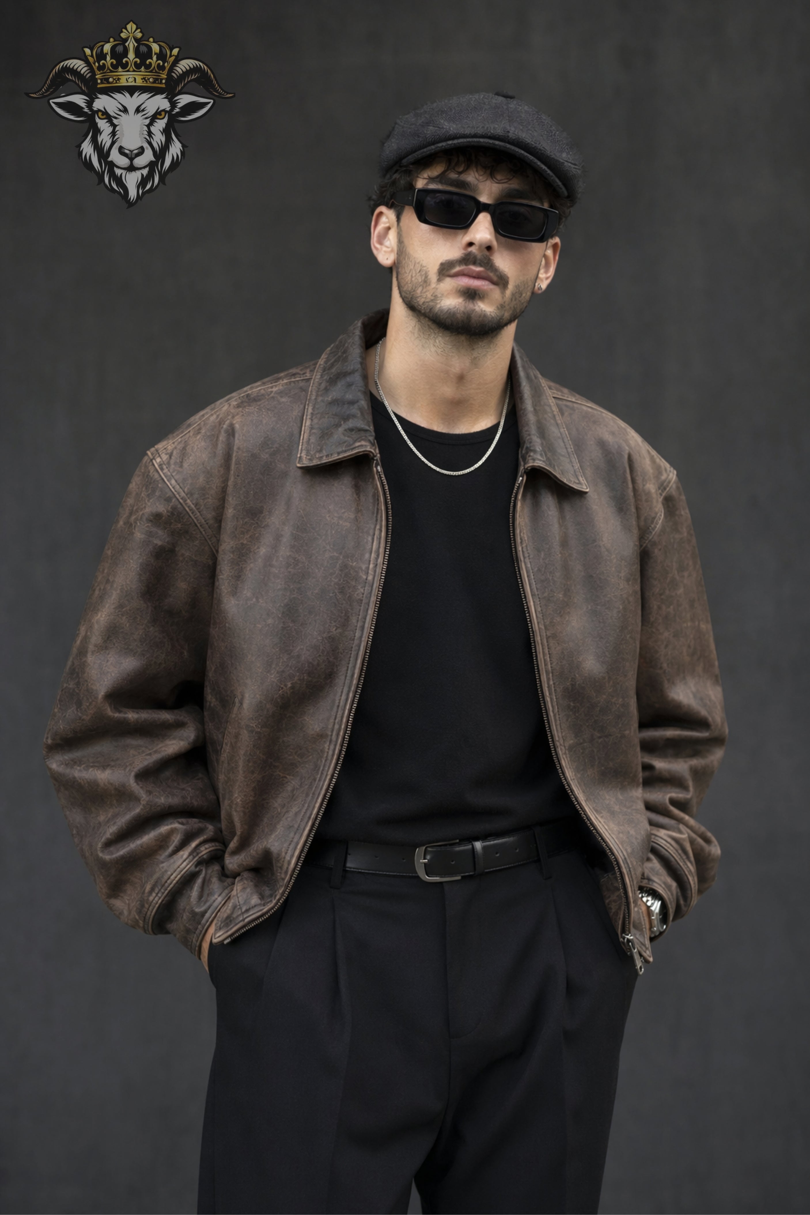 Men’s Distressed Brown Oversize Leather Bomber Jacket