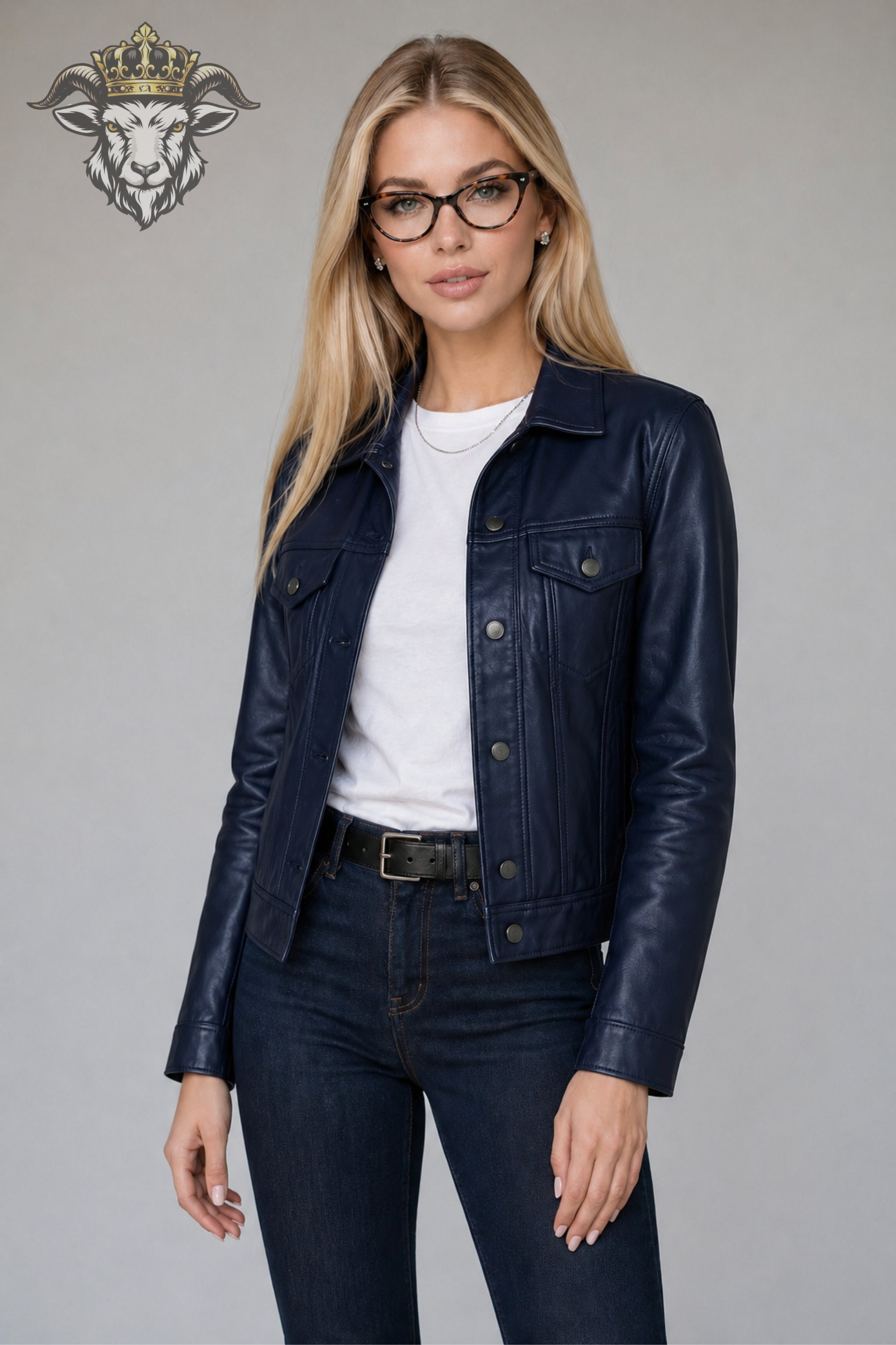Women’s Navy Blue Real Leather Trucker Jacket