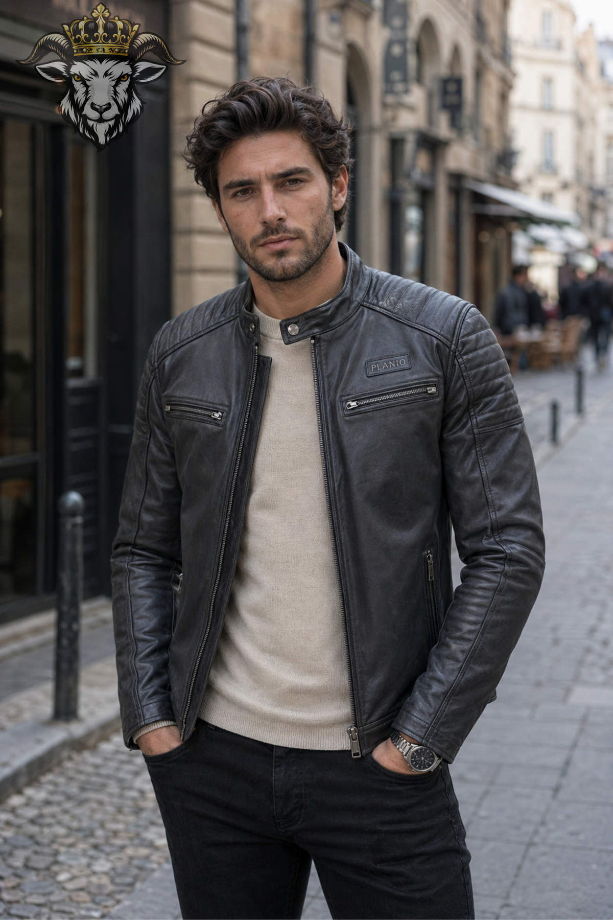 Men's Charcoal Real Leather Biker Jacket, Slim Fit Cafe Racer Moto Jacket, PLANIO Motorcycle Jacket, Men's Gray Leather Jacket