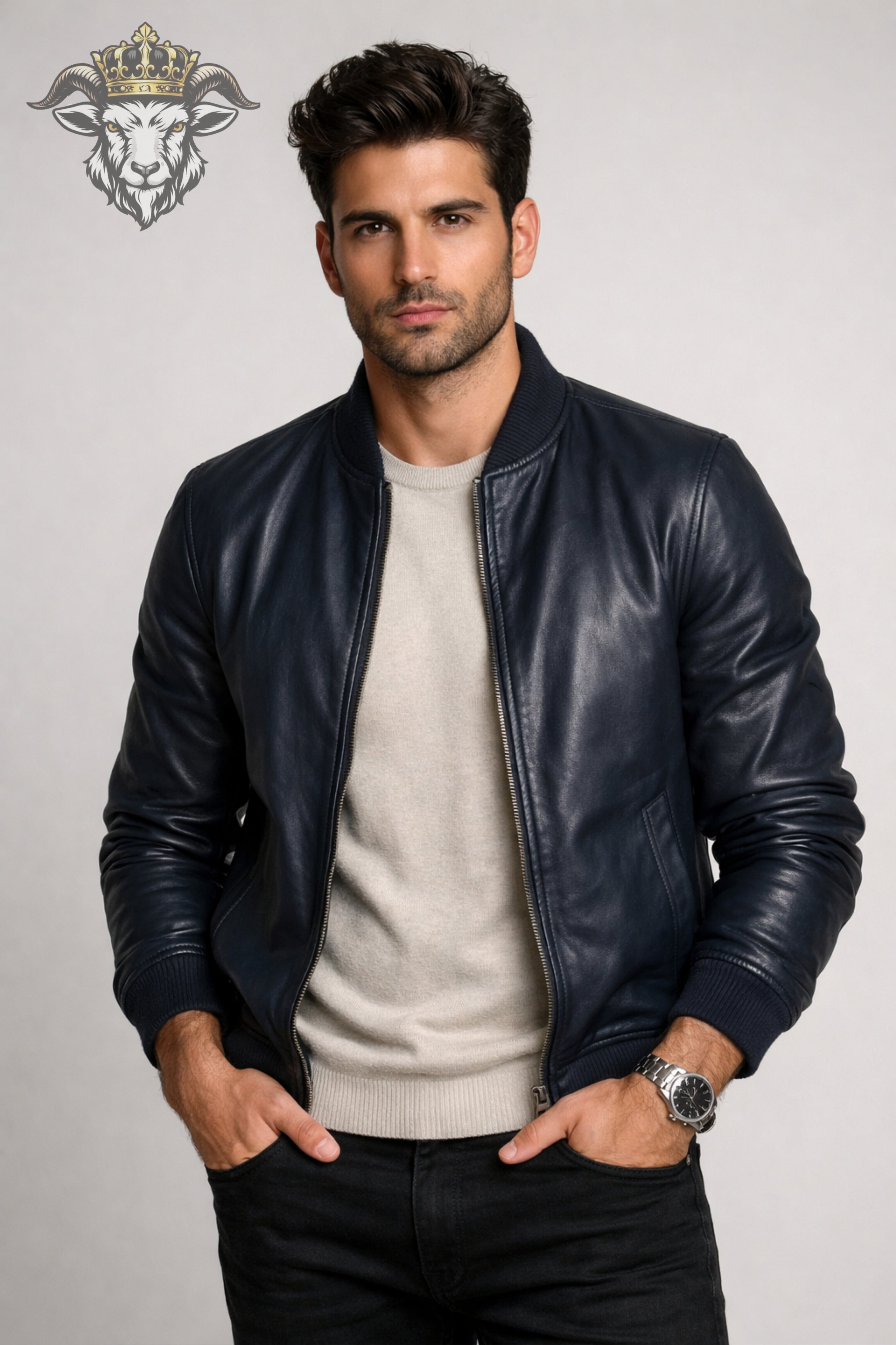 Men’s Navy Blue Real Leather Bomber Jacket