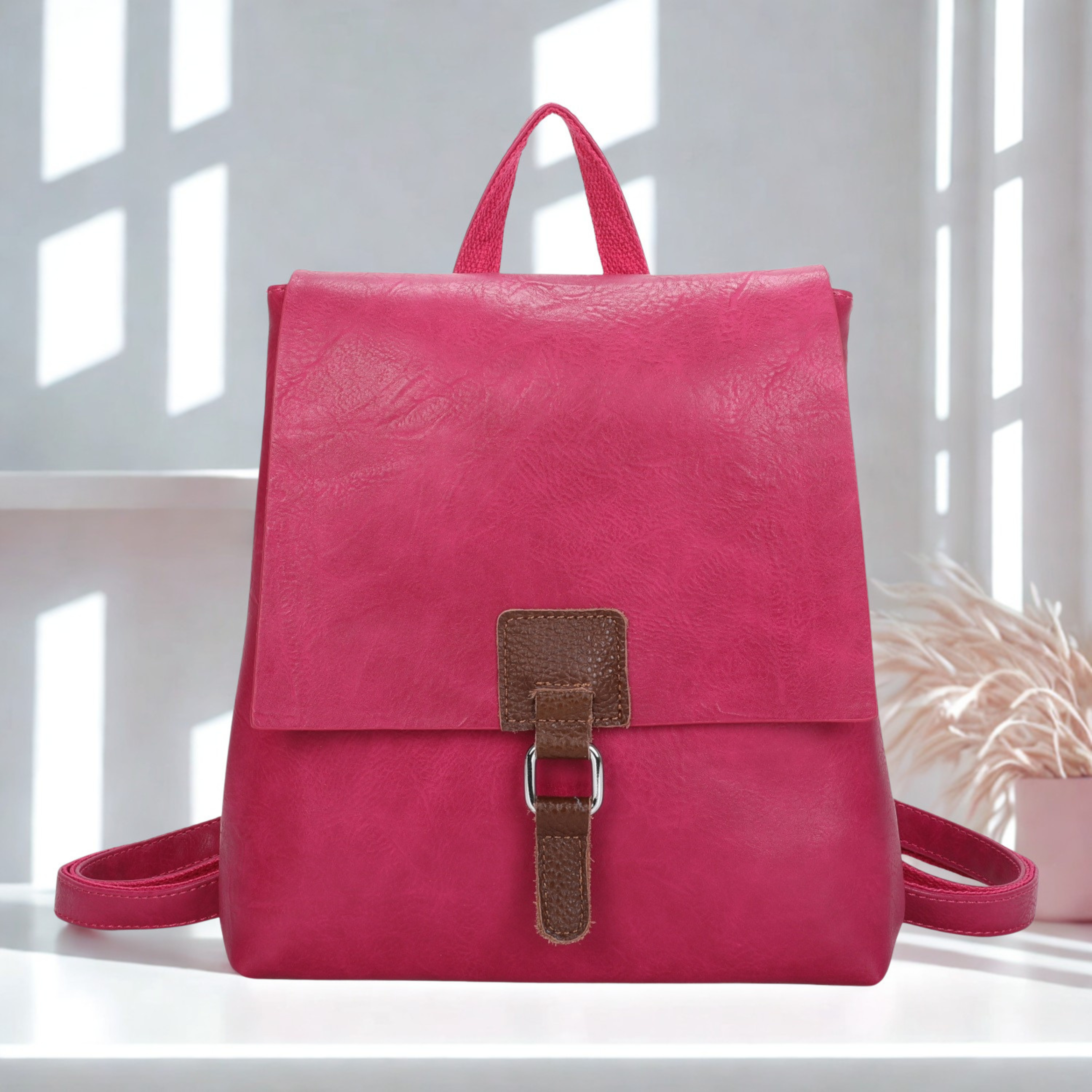Ladies Flap Over Backpack Handbag, Synthetic Leather Trim Rucksack Shoulder Bag
