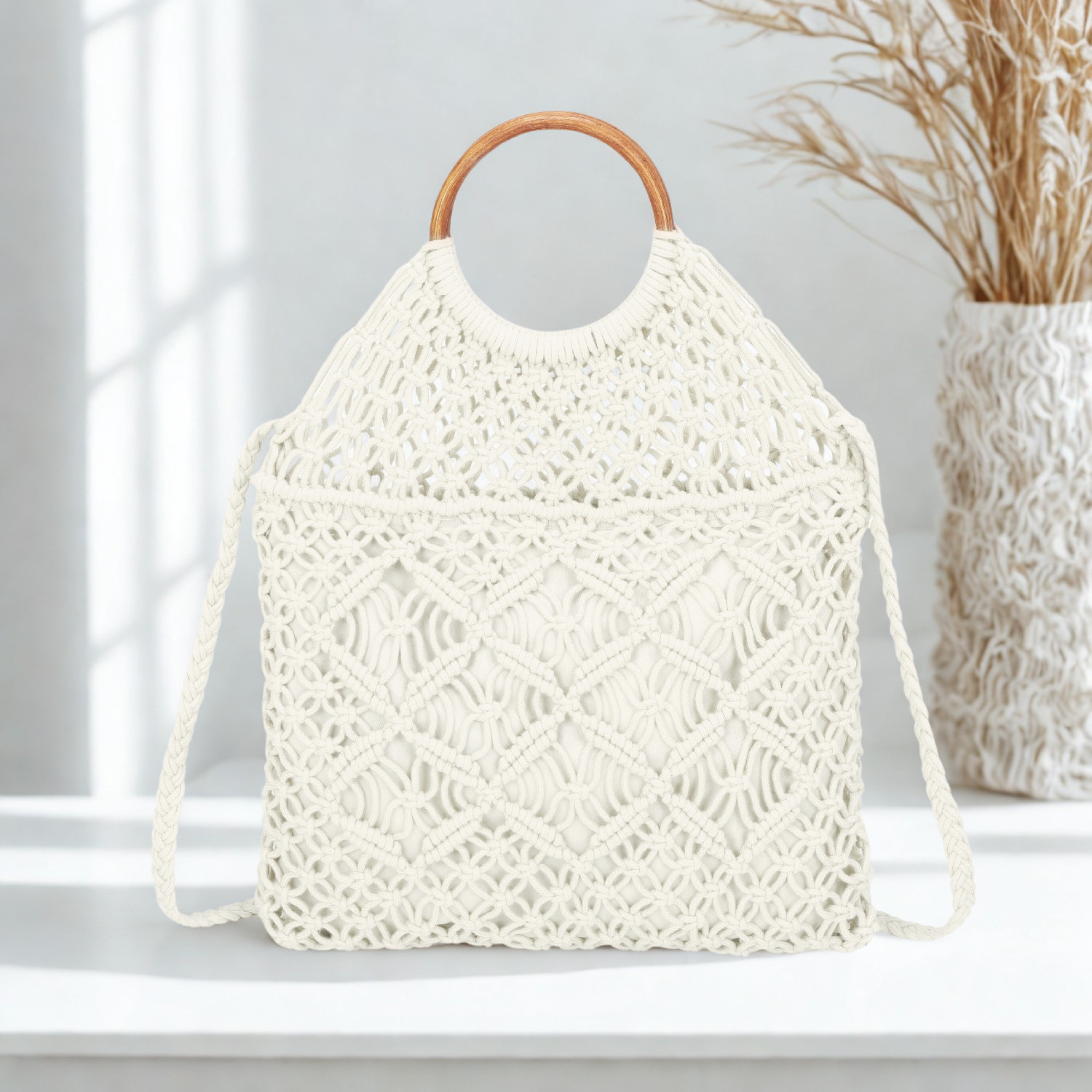 Boho Crochet Handbag with Circle Wooden Handles – Knitted Macramé Shoulder Bag for Women