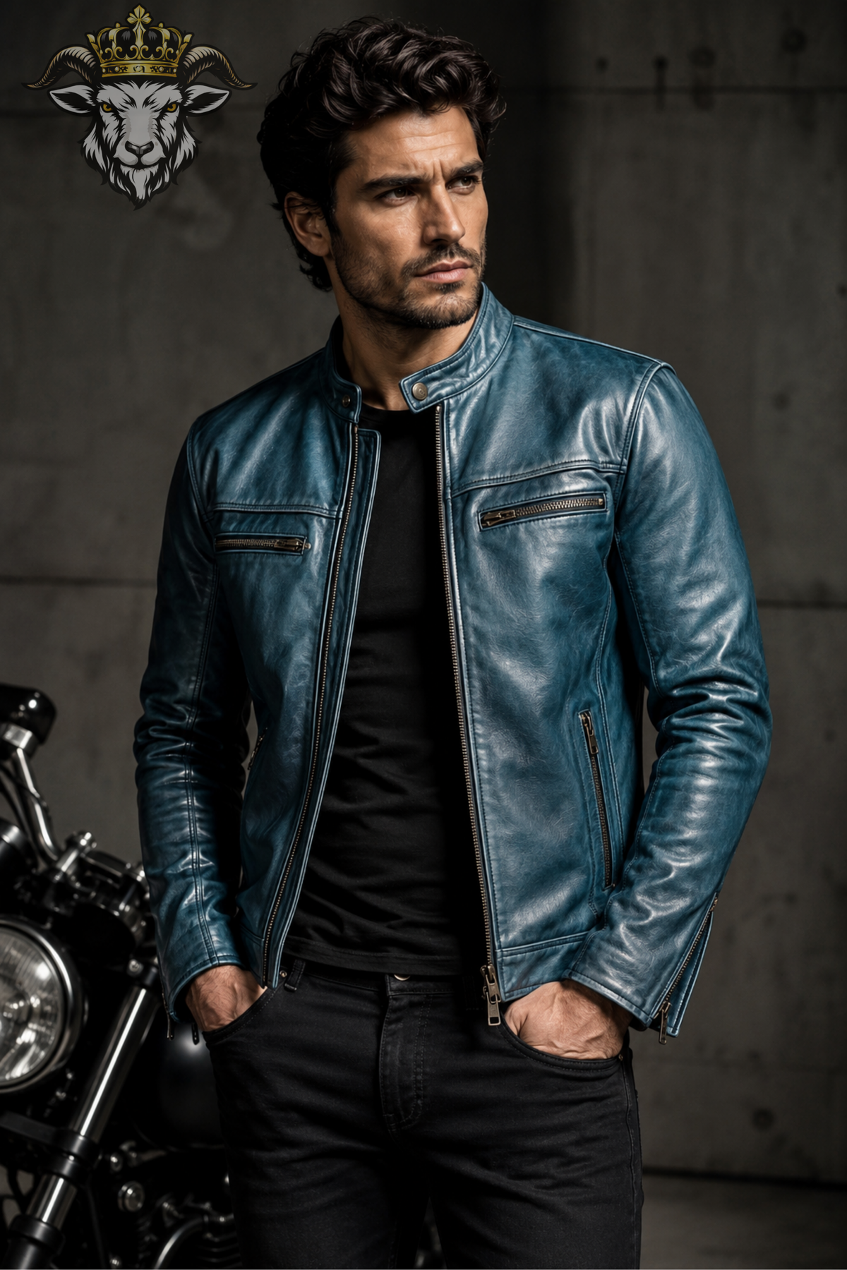 Men's Cyan Real Leather Biker Jacket – Slim Fit Motorcycle Jacket, Stand Collar Moto Jacket, Blue Leather Jacket for Men