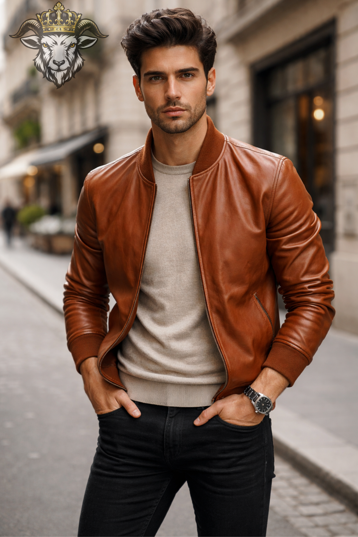 Men's Burnt Orange Real Leather Bomber Jacket, Vintage Inspired Zip Jacket, Ribbed Collar Streetwear Coat, Casual Fall Outerwear