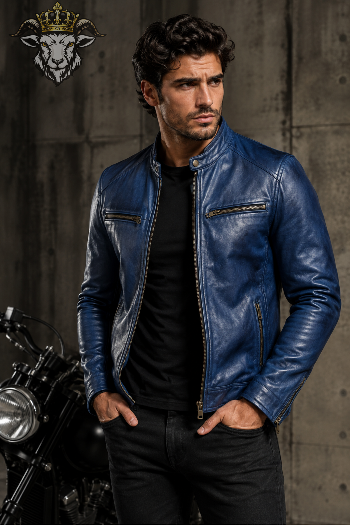 Men's Royal Blue Real Leather Biker Jacket – Slim Fit Motorcycle Jacket, Stand Collar Moto Jacket, Men's Blue Leather Coat