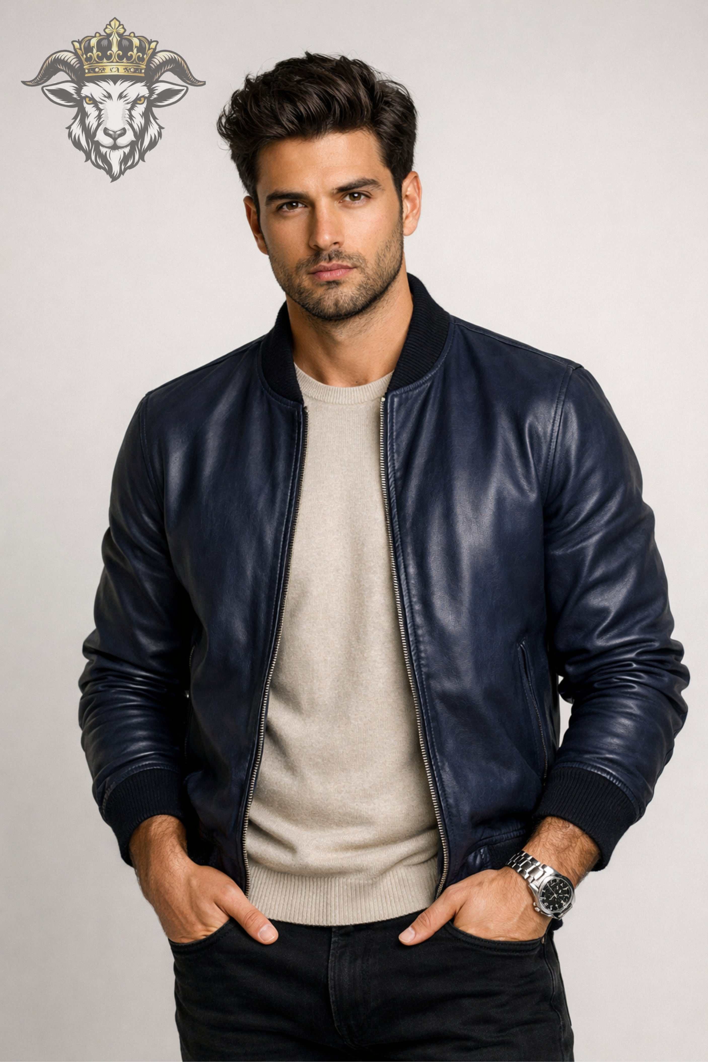 Men’s Indigo Real Leather Bomber Jacket