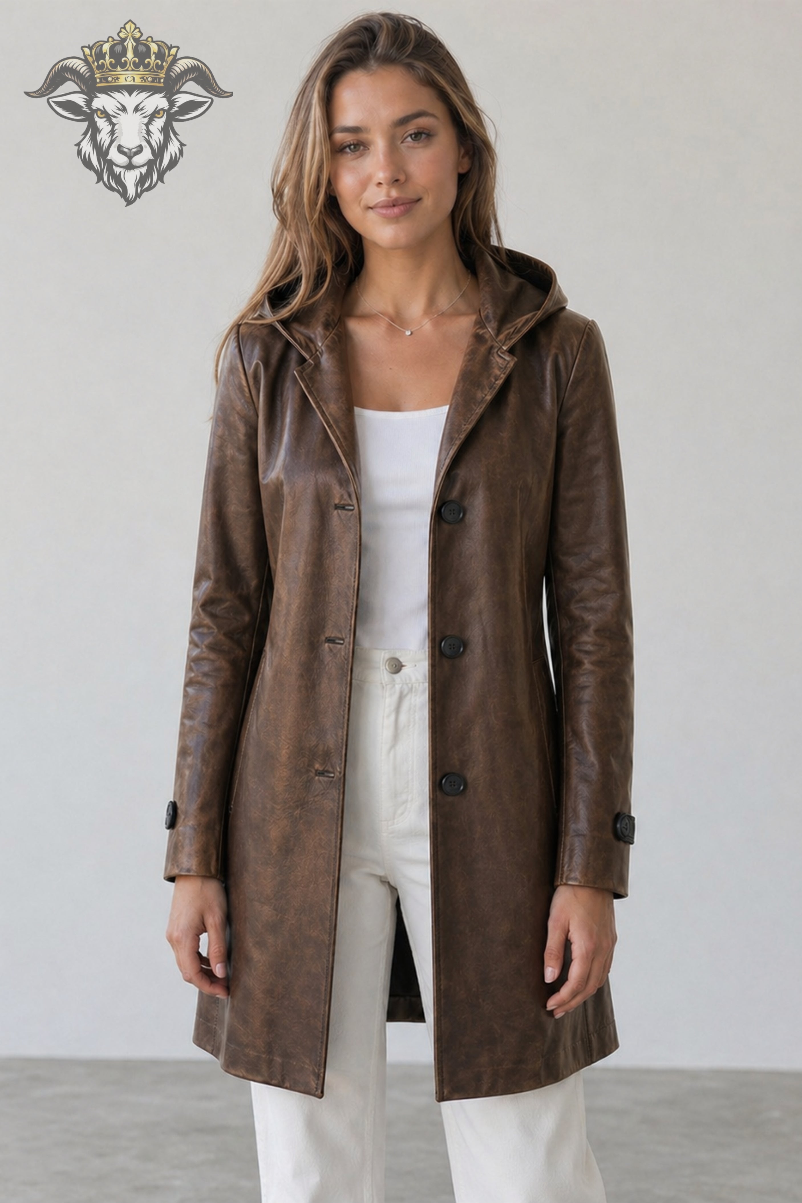 Women’s Distress Brown Real Leather Hooded Coat