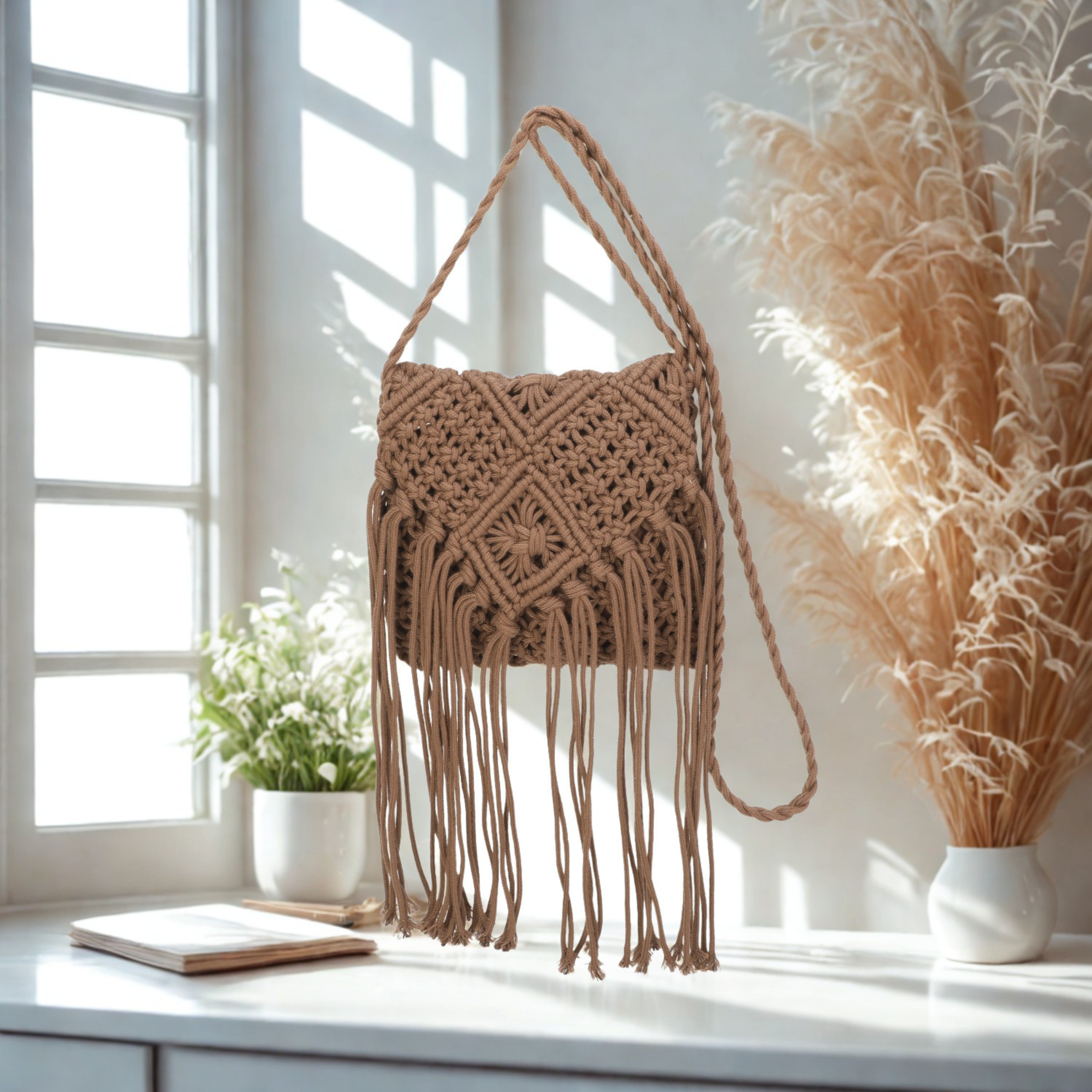 Women’s Knitted Crochet Shoulder Bag – Synthetic Top Zip Flap Crossbody Bag with Long Strap