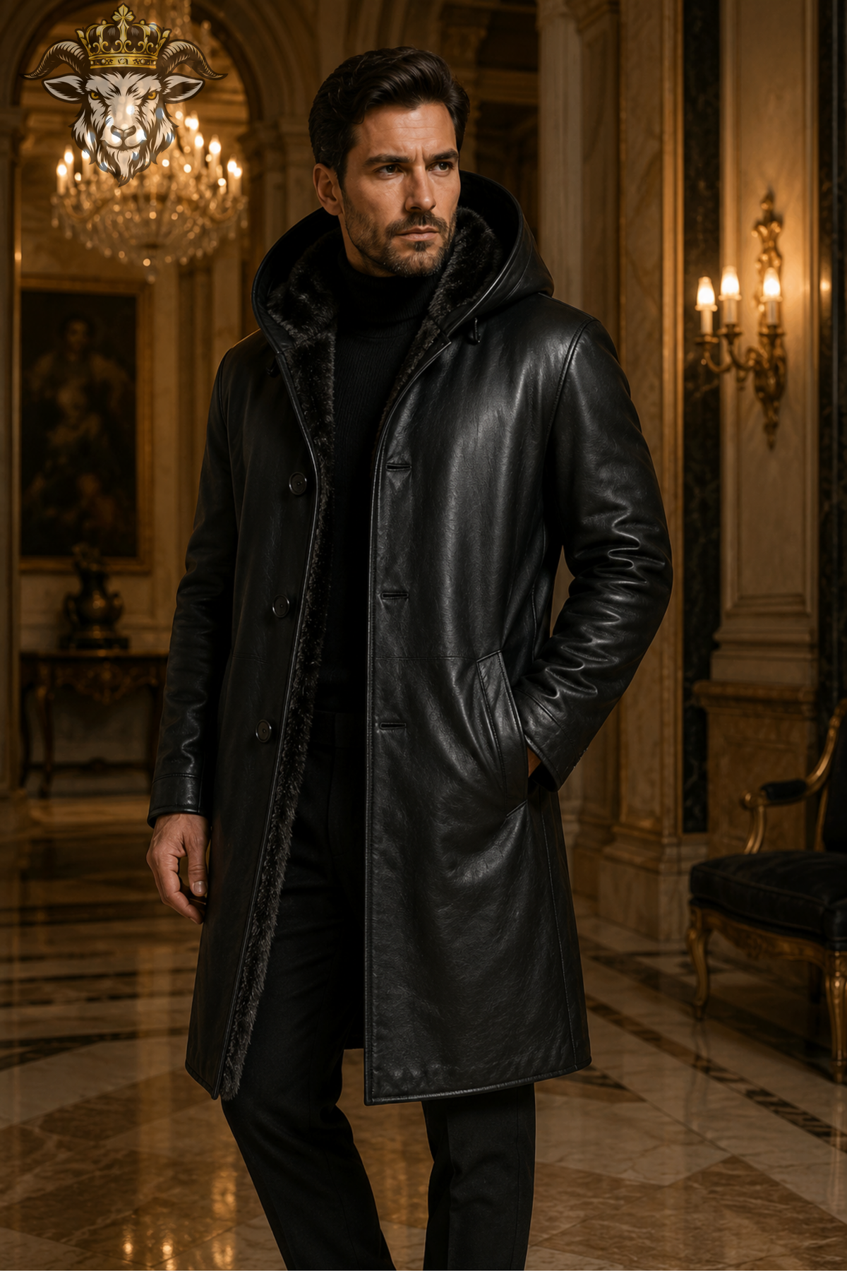 Men Black Genuine Leather Hooded Long Coat, Real Leather Trench Coat, Fur Lined Winter Jacket, Luxury Gothic Overcoat, Stylish Mens Outerwear