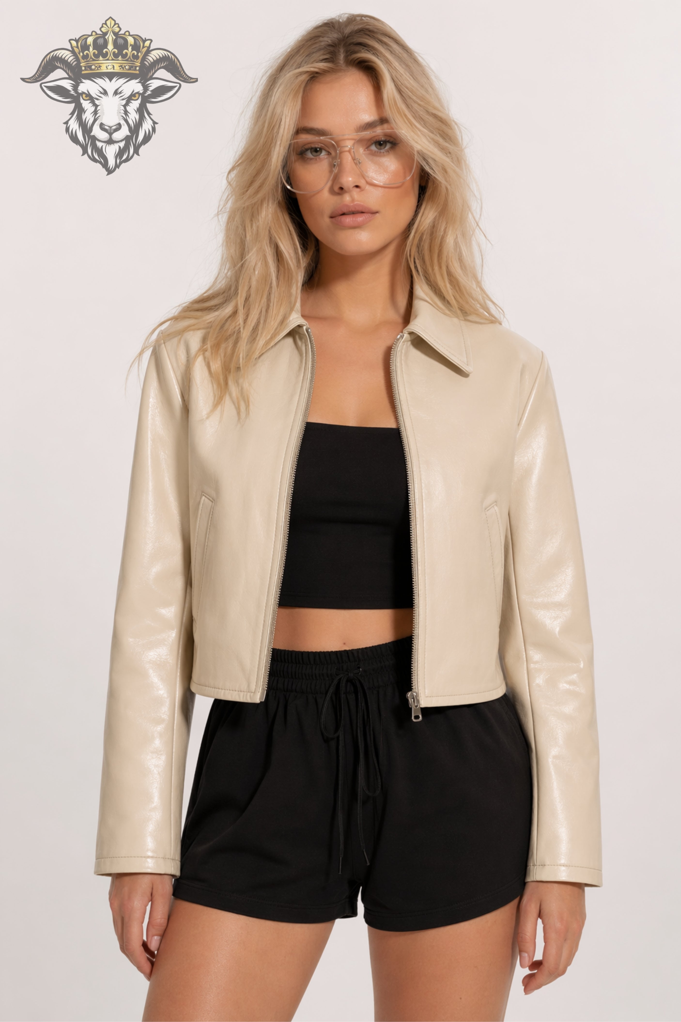 Women’s Cream Real Leather Cropped Jacket