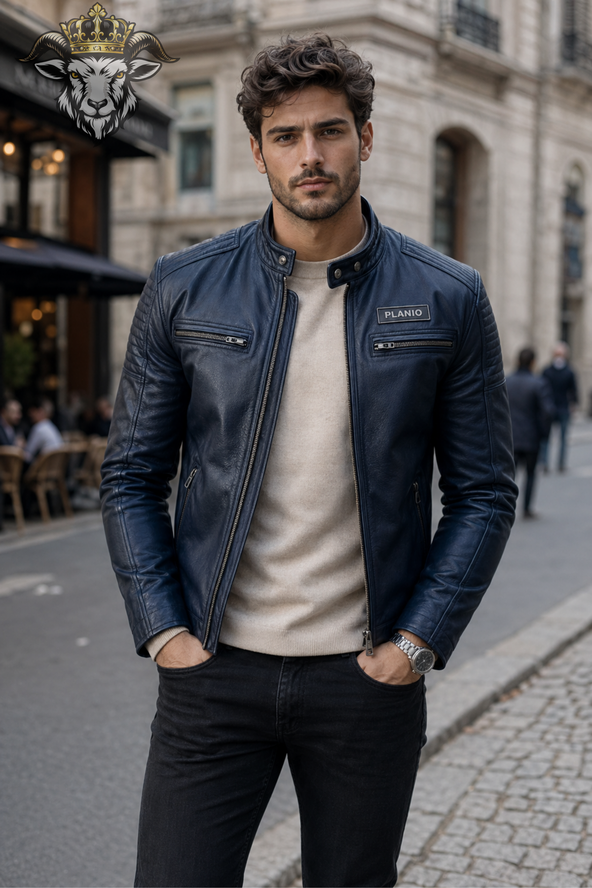 Men's Navy Blue Real Leather Biker Jacket, PLANIO Quilted Cafe Racer Moto Jacket, Slim Fit Motorcycle Outerwear, Zip Pocket Jacket