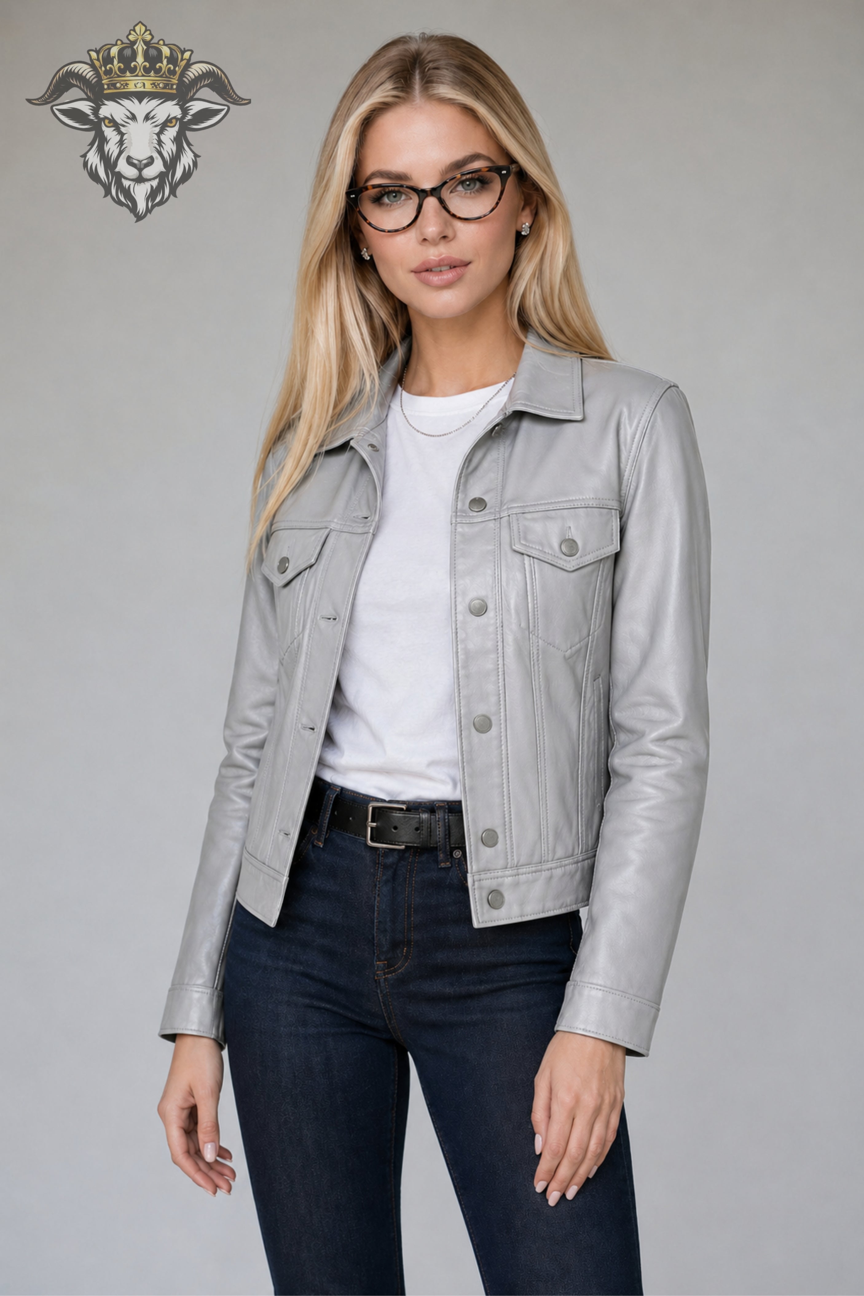Women’s Light Grey Real Leather Trucker Jacket