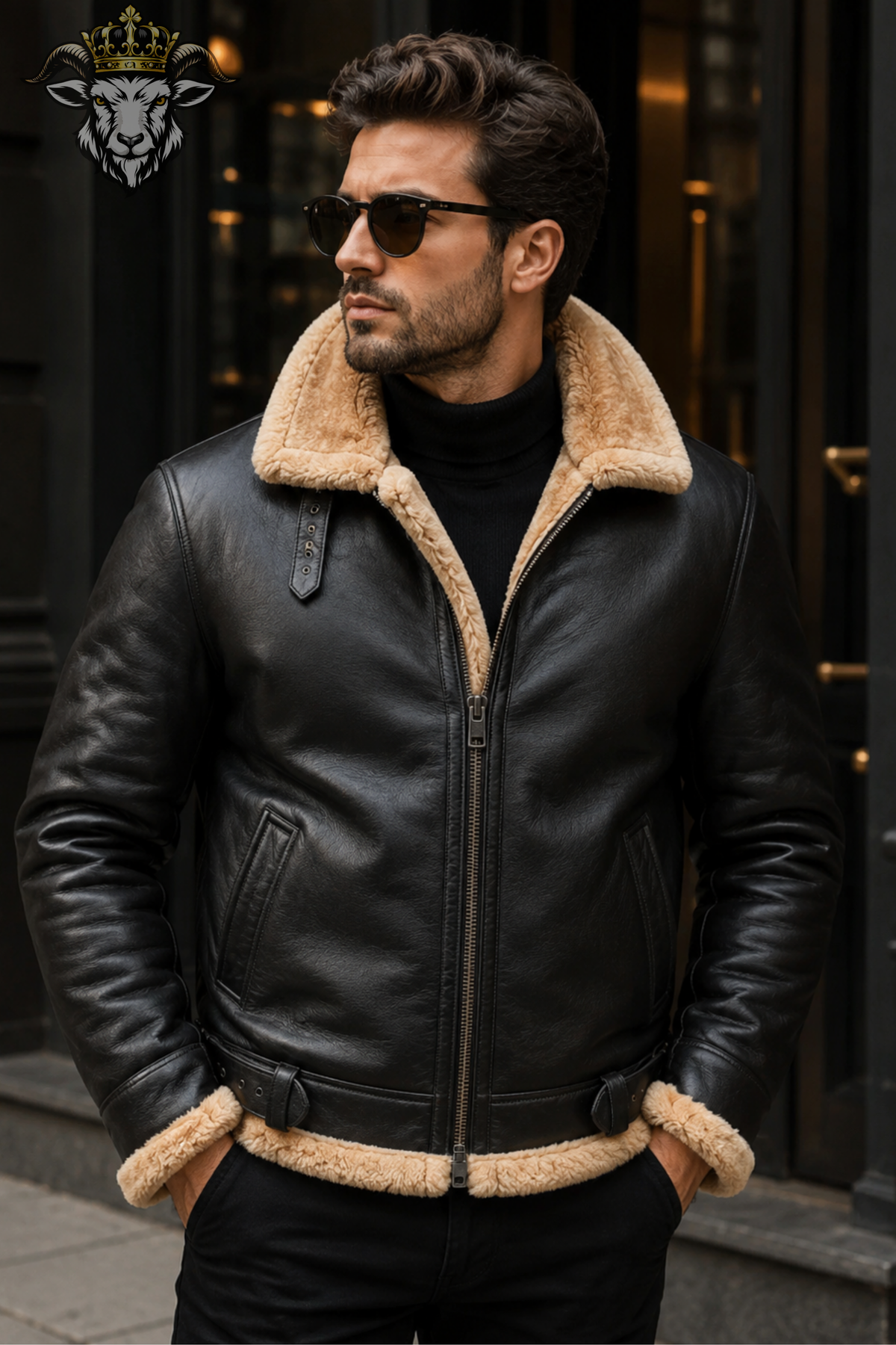 Men’s Black Shearling Leather Jacket, Genuine Leather Aviator Jacket, Fur Lined Winter Bomber Coat, B3 Flight Jacket for Men